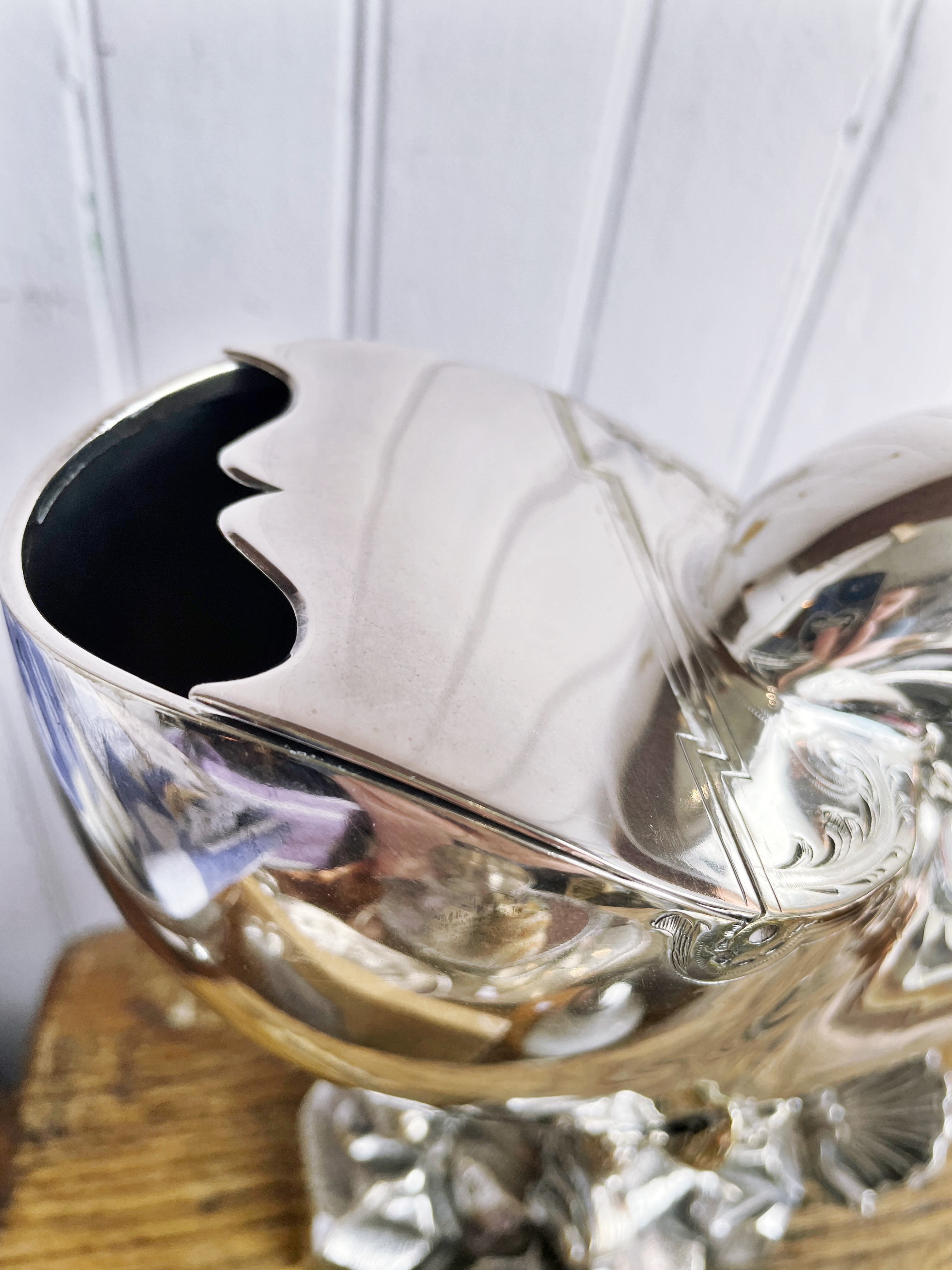 Antique English Silver Plated Nautilus Spoon Warmer on Dolphin Feet