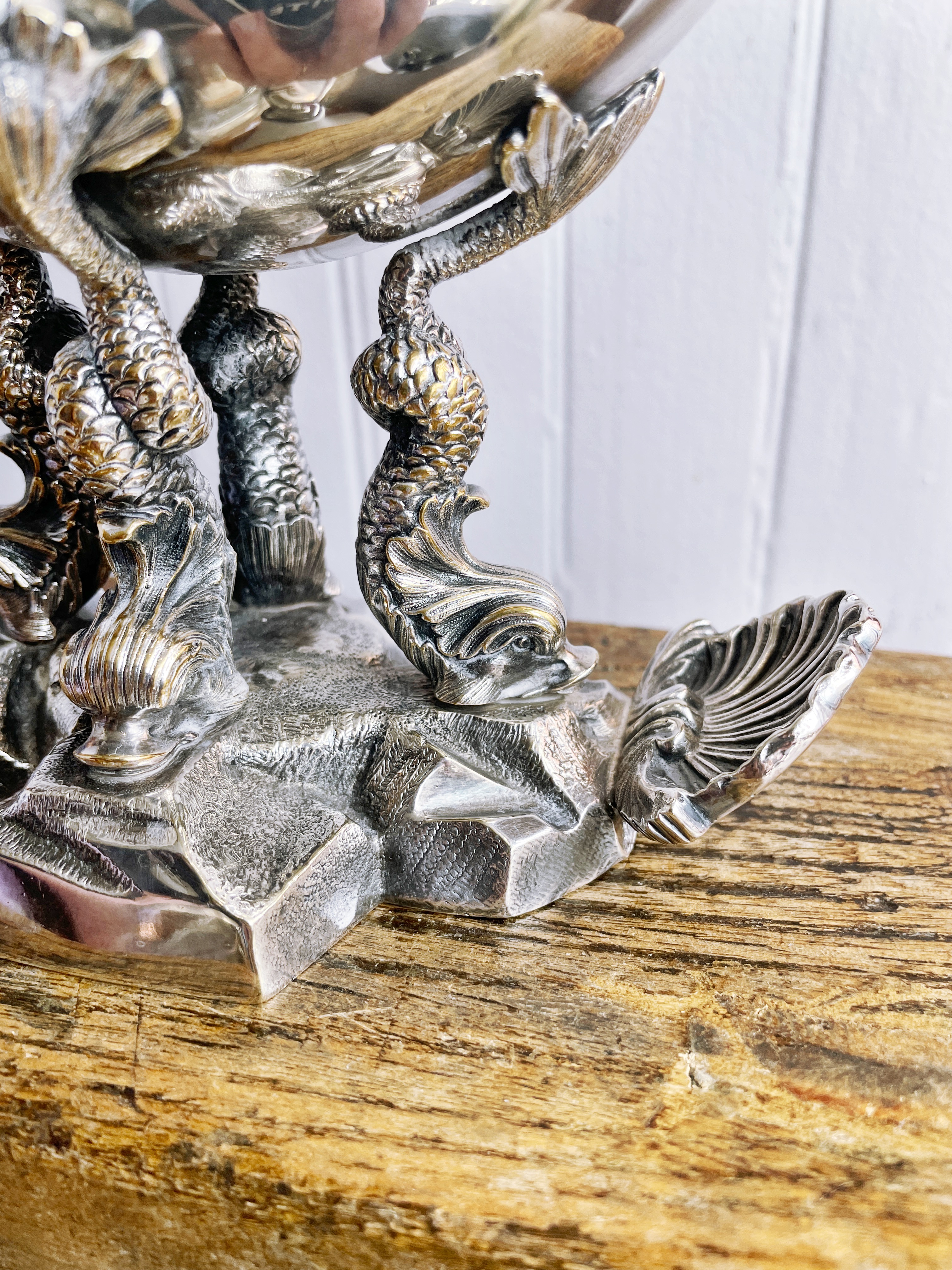 Antique English Silver Plated Nautilus Spoon Warmer on Dolphin Feet