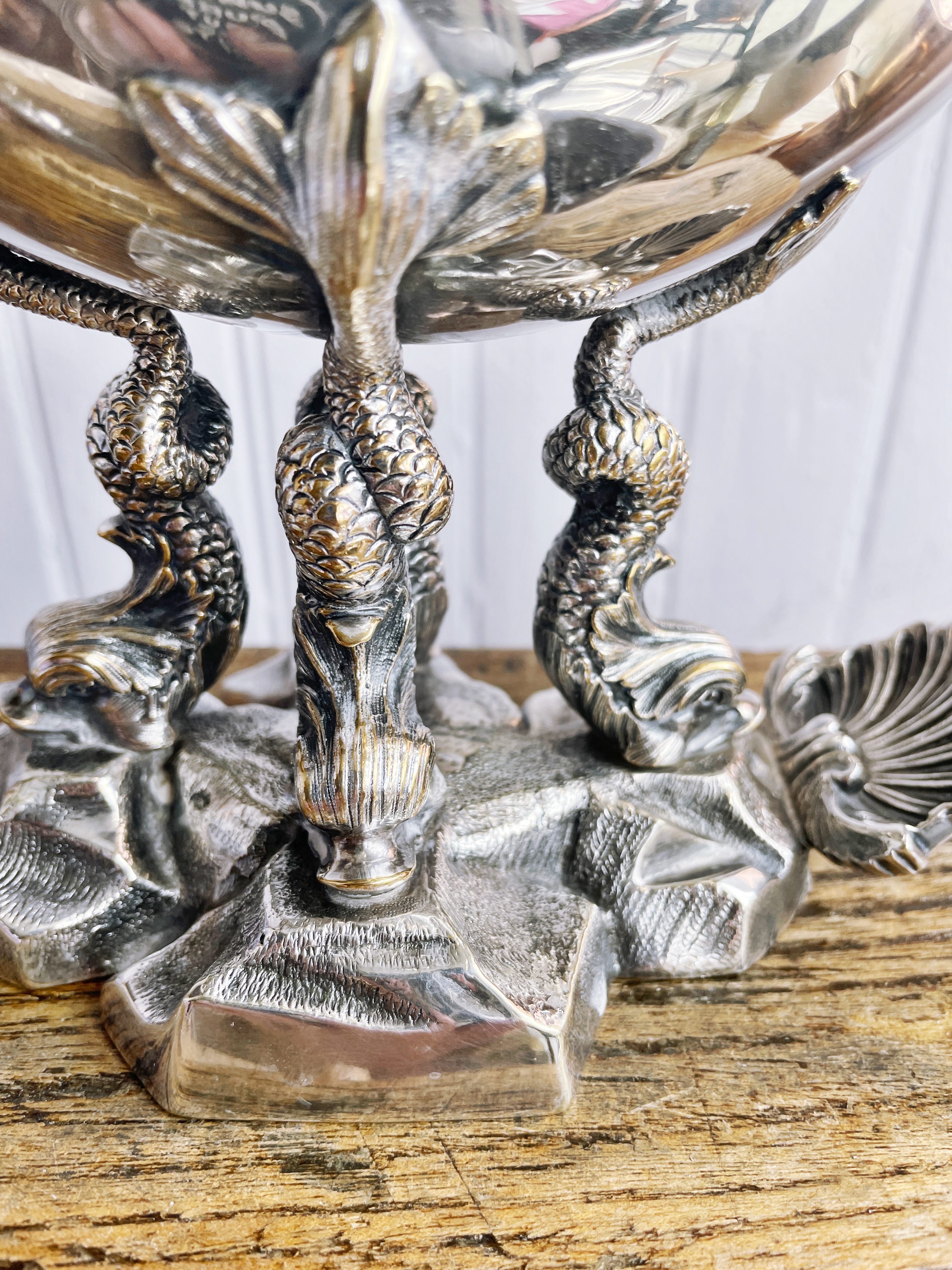 Antique English Silver Plated Nautilus Spoon Warmer on Dolphin Feet