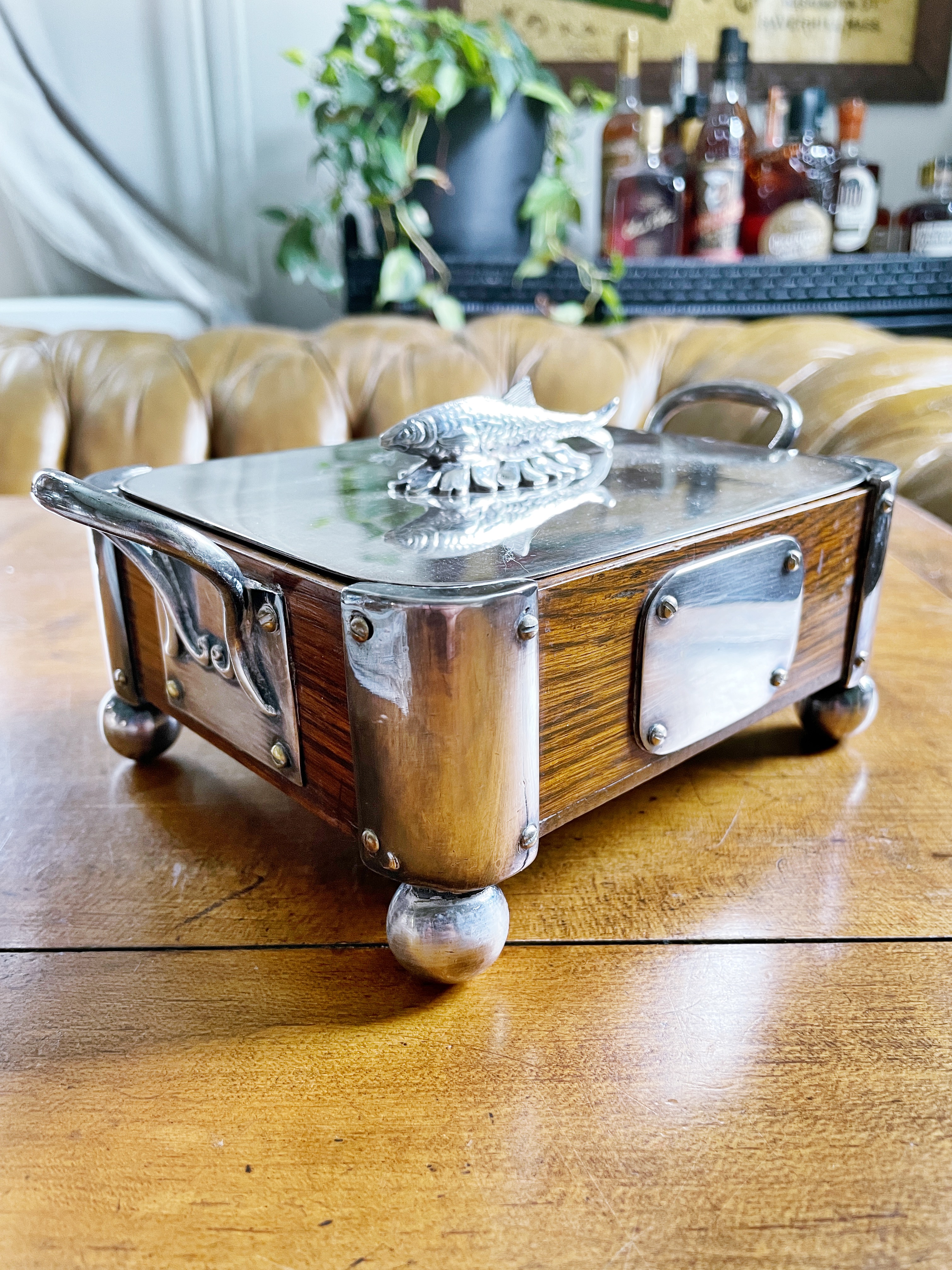 Victorian Era English Silver & Oak Sardine Server