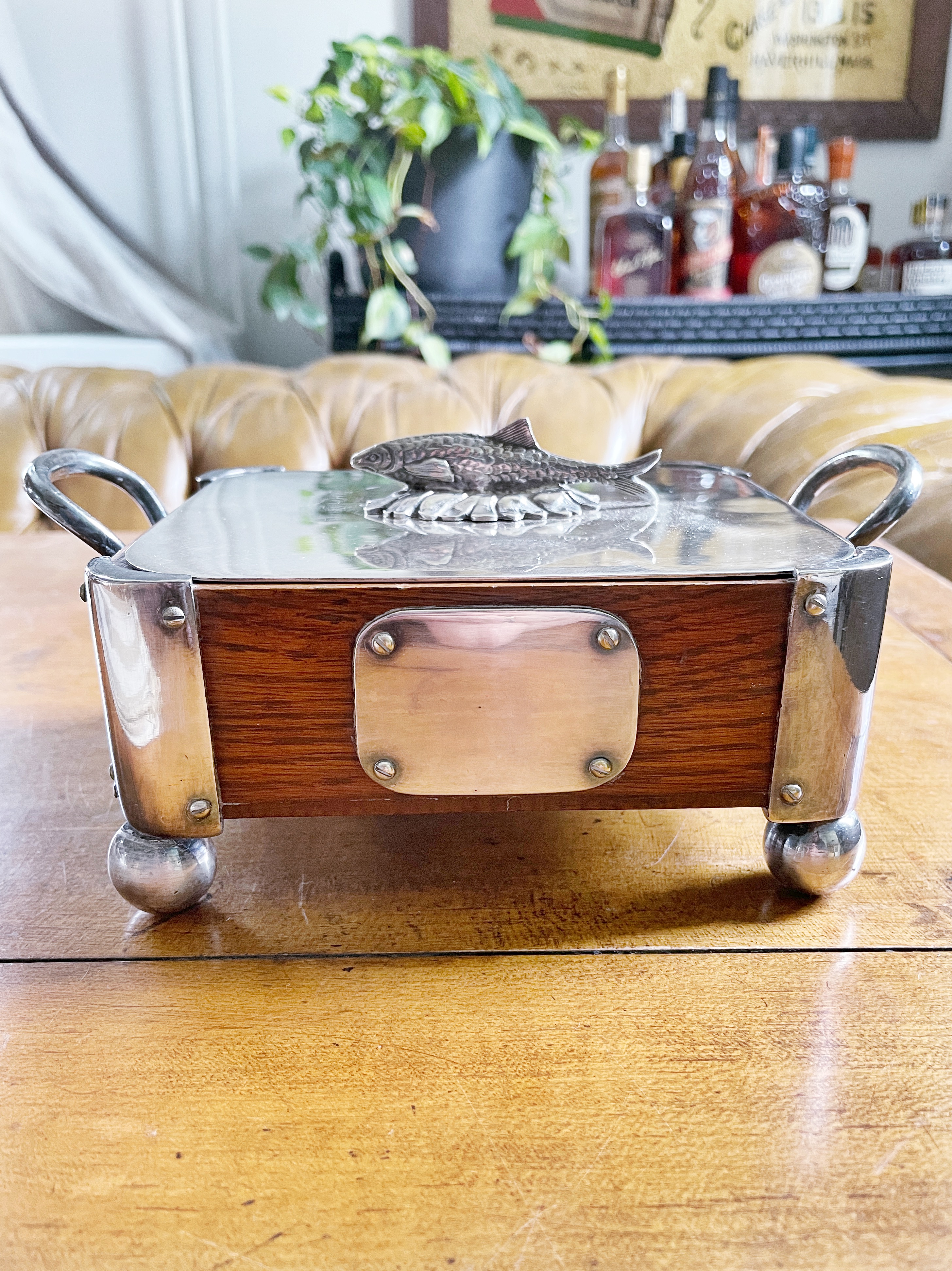 Victorian Era English Silver & Oak Sardine Server