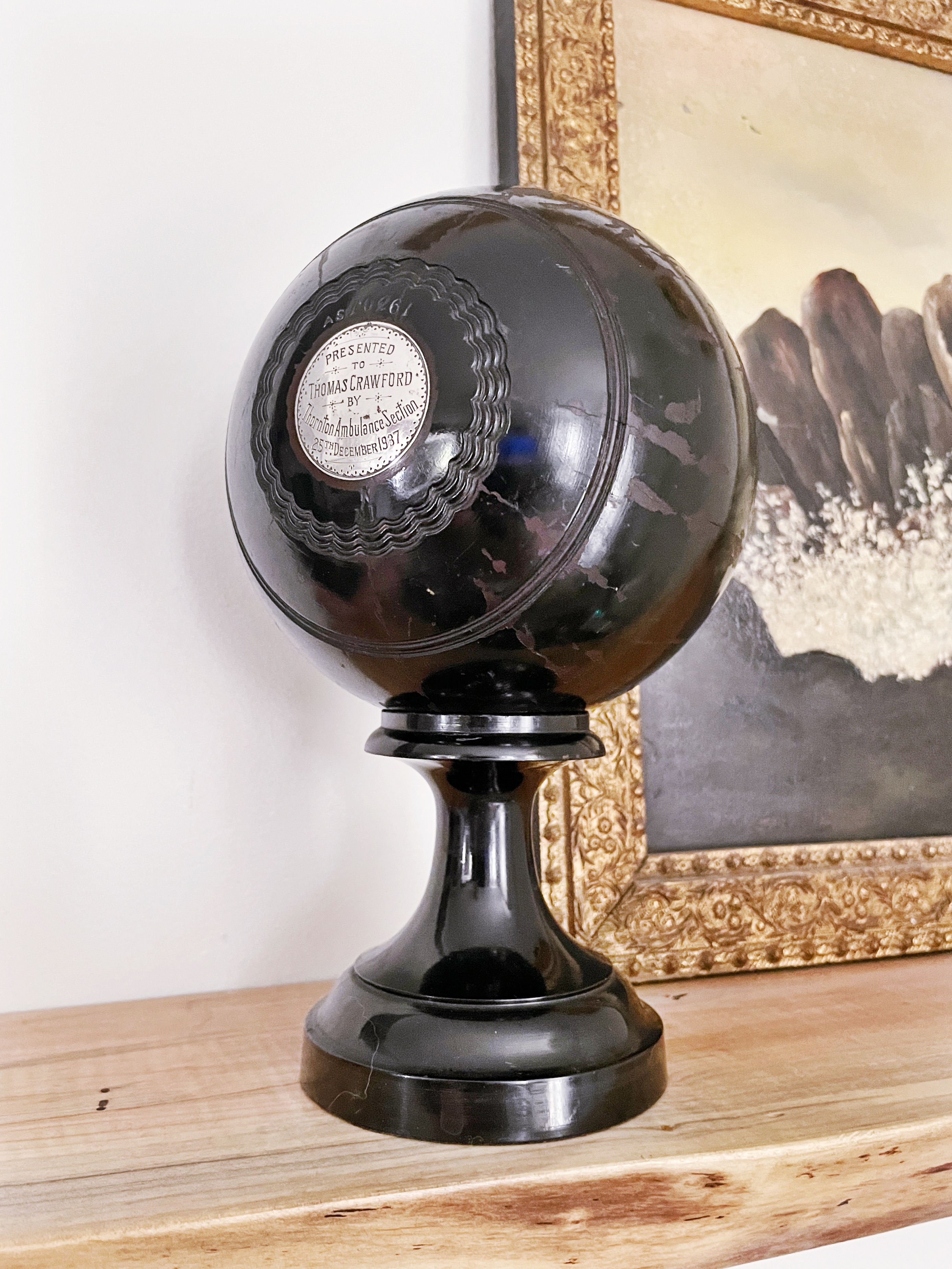 1937 English Sterling & Wood Trophy Lawn Bowling Ball on Stand