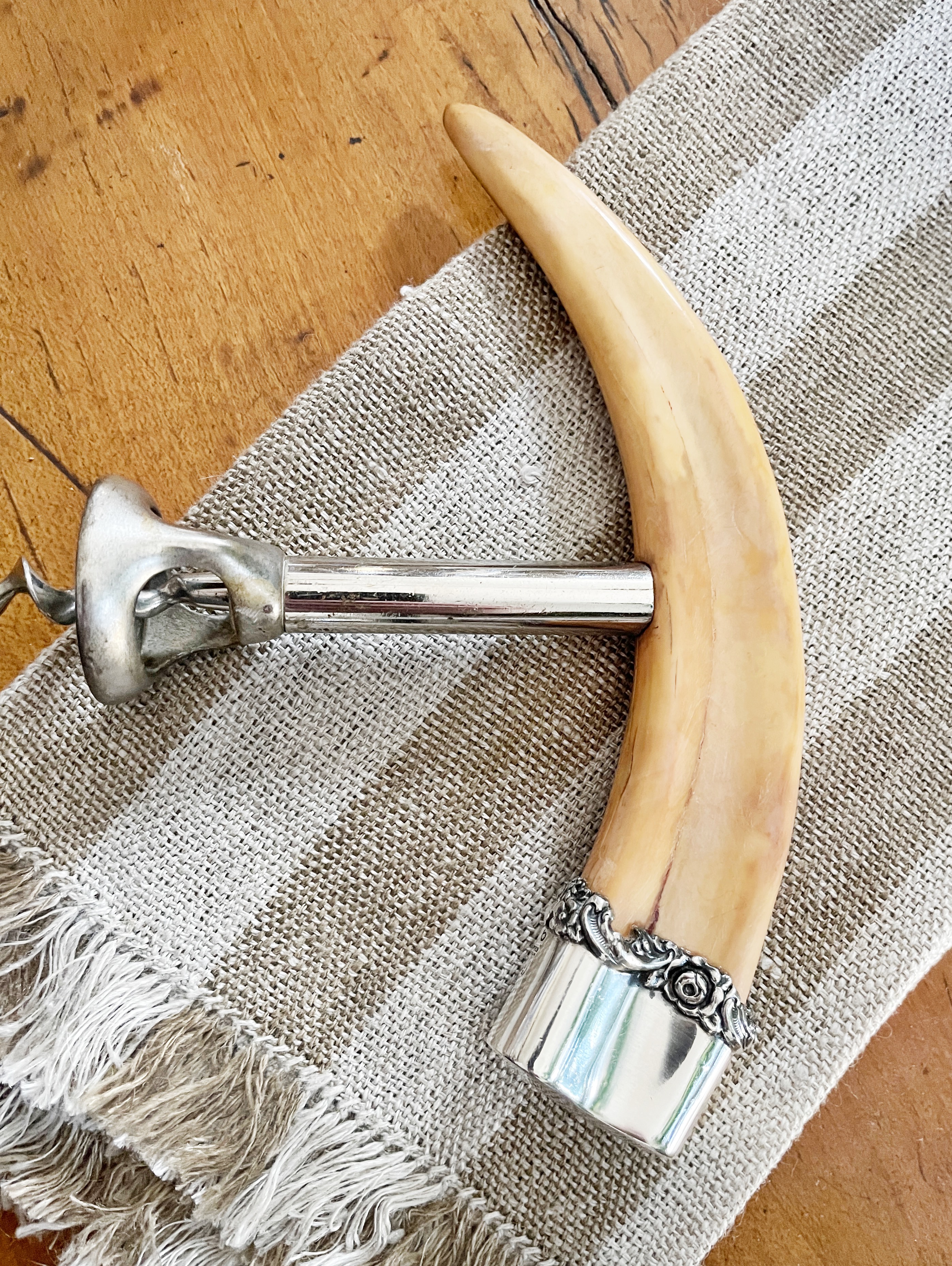 Antique Corkscrew with Boar Tusk & Sterling Silver Handle
