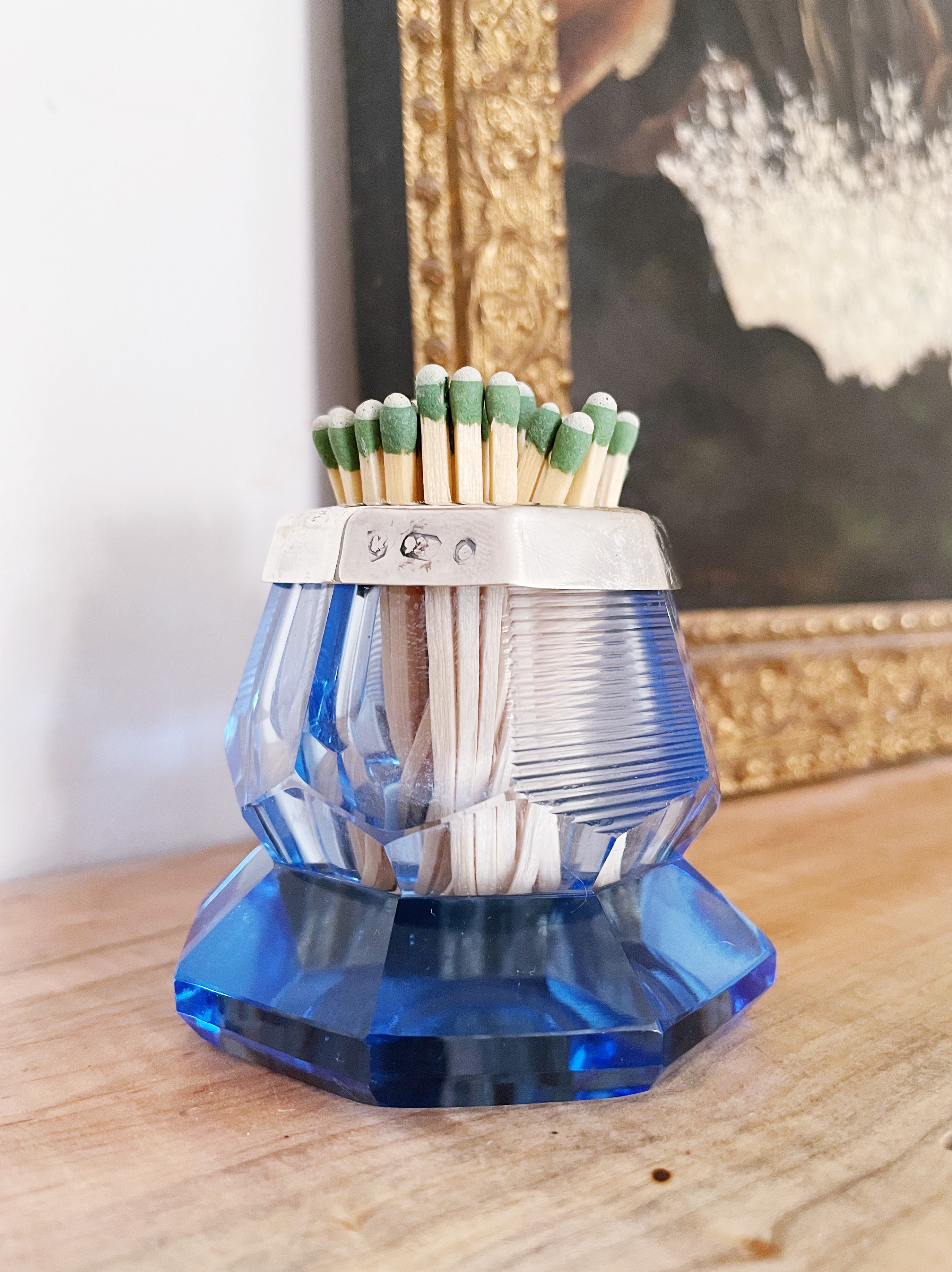Antique English Blue Glass and Sterling Match Striker