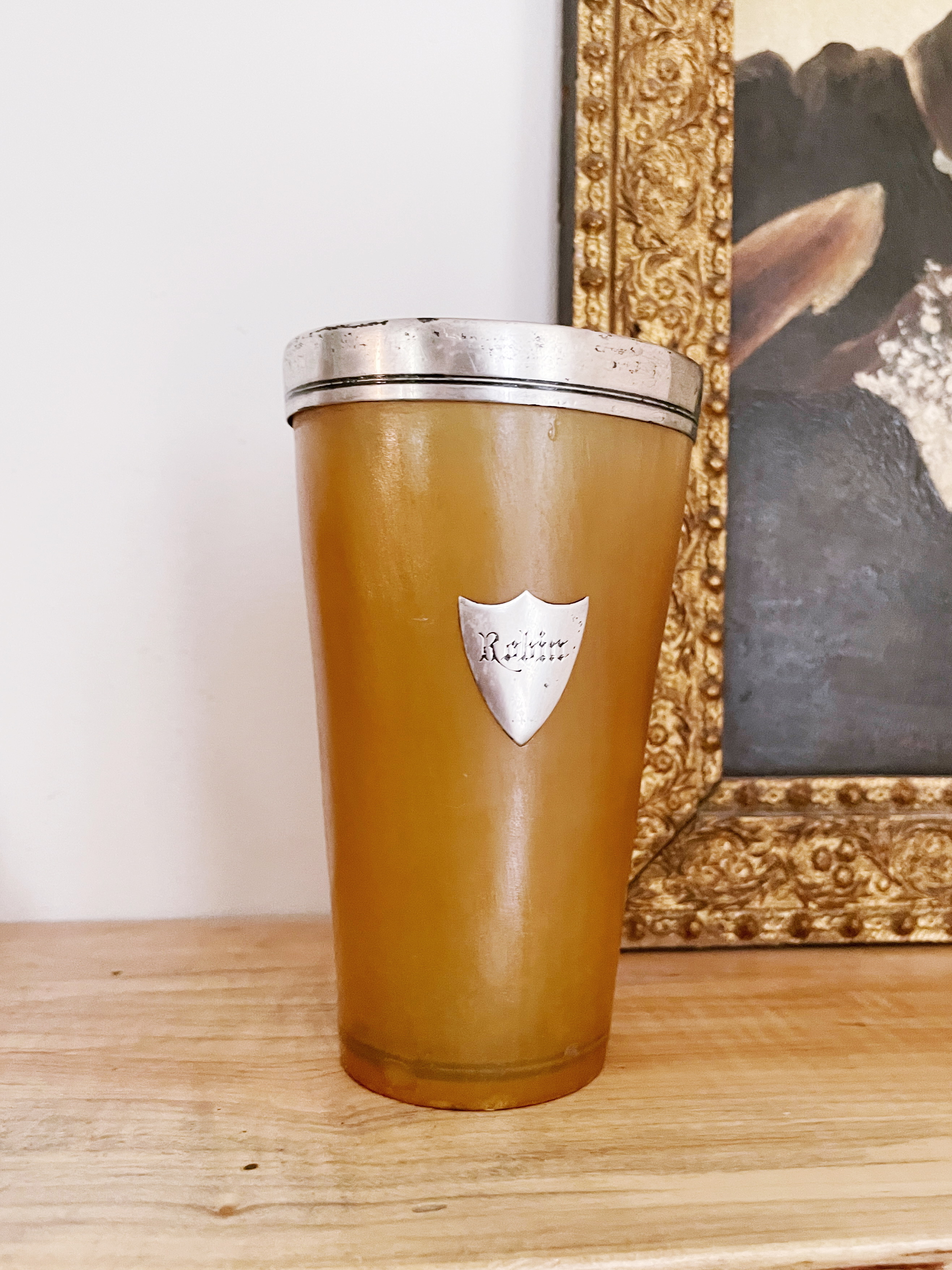 Antique 1875 Sterling and Horn Cup Engraved Robin