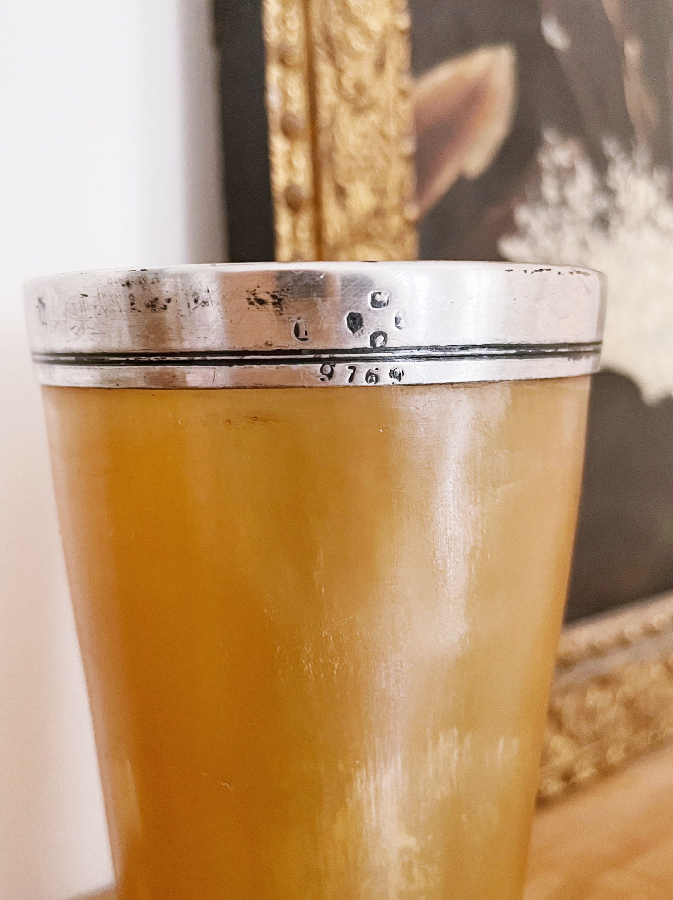 Antique 1875 Sterling and Horn Cup Engraved Robin