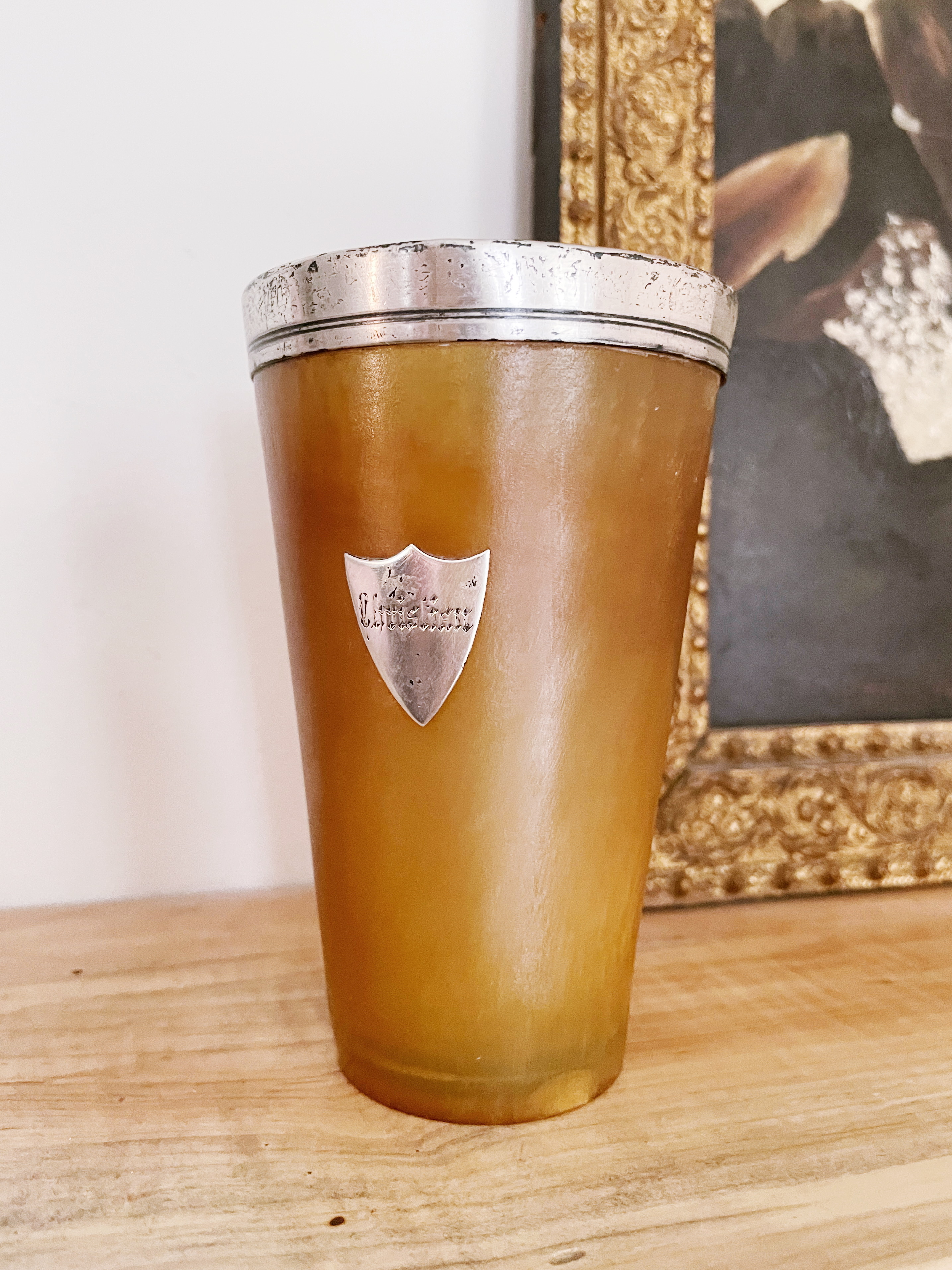 Antique 1875 Sterling and Horn Cup Engraved Christian