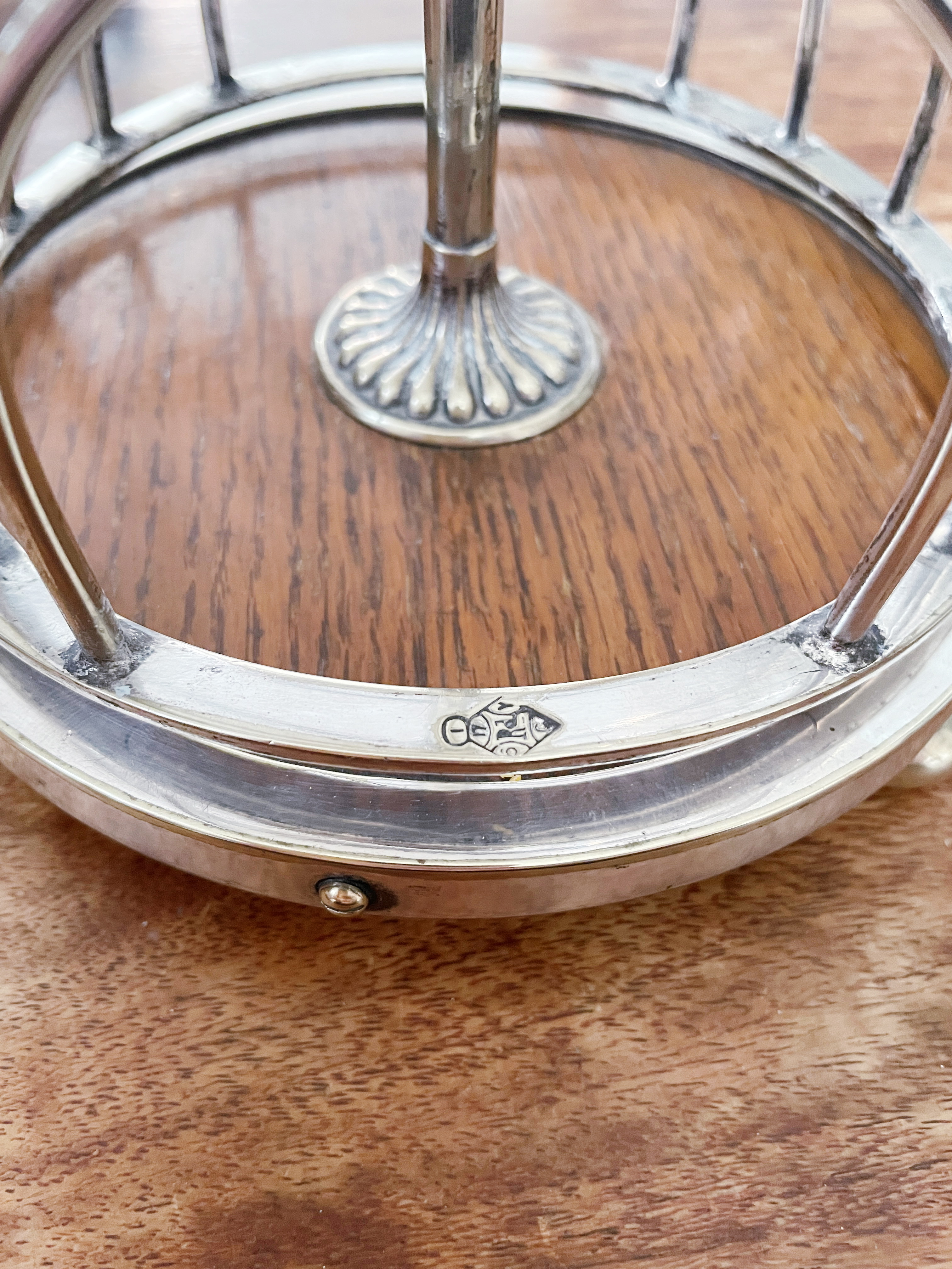 1870s English Silver Plate and Oak Revolving Toast Rack