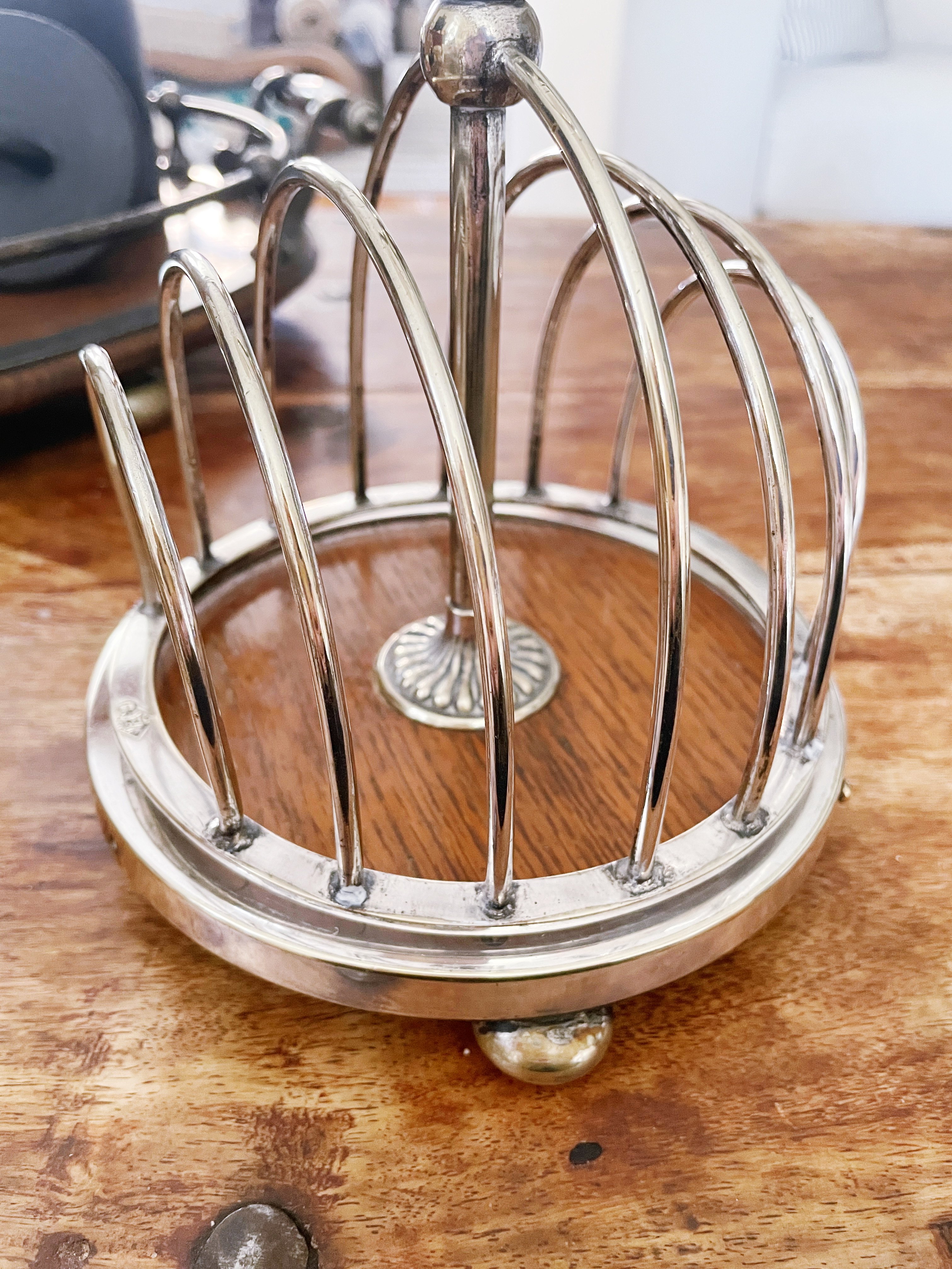1870s English Silver Plate and Oak Revolving Toast Rack