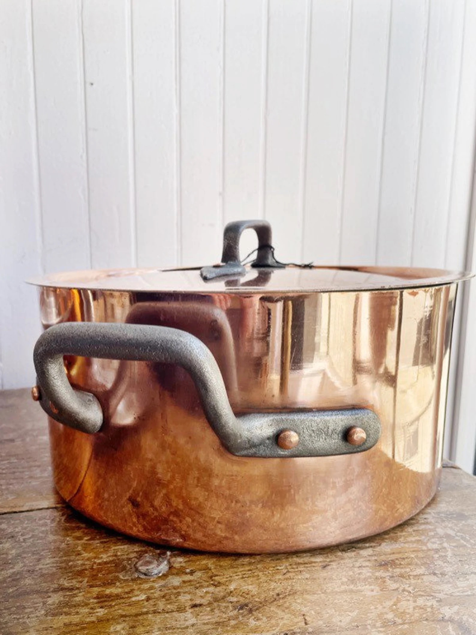 Big Antique Duparquet Copper Rondeau Pot with Lid