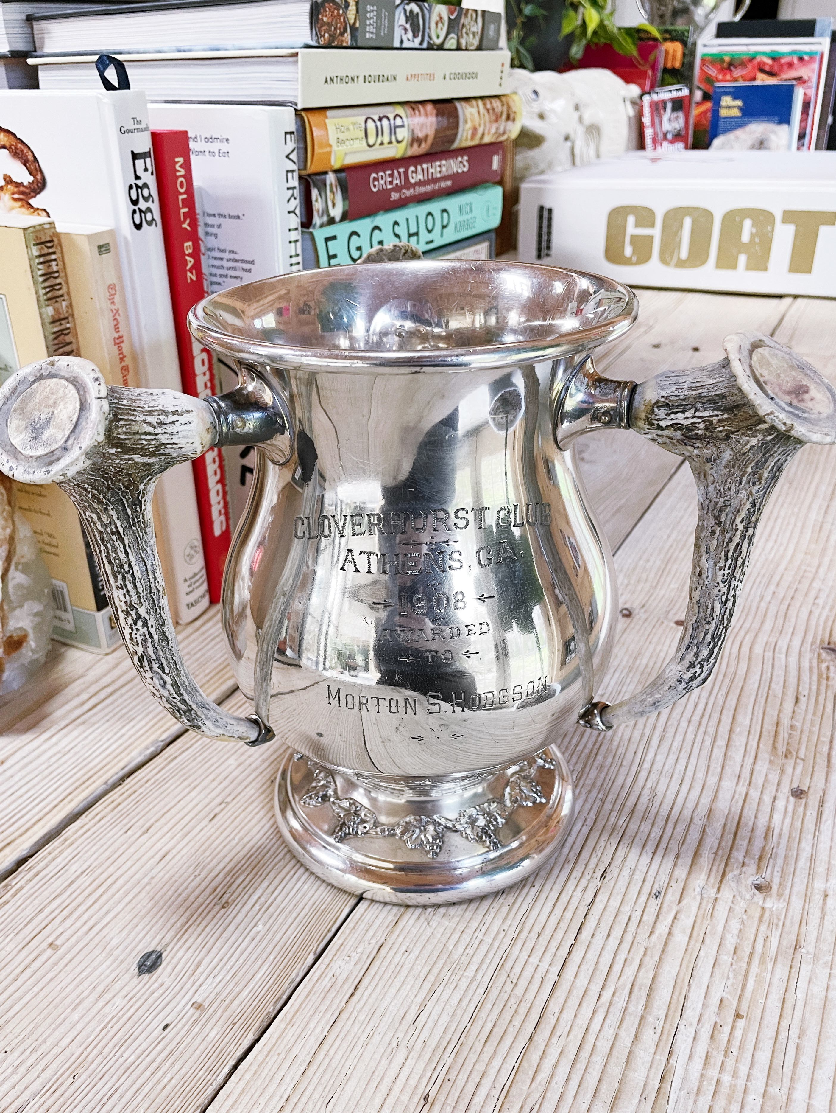 1908 Silver Plated Athens GA Golf Trophy with Deer Antler Handles