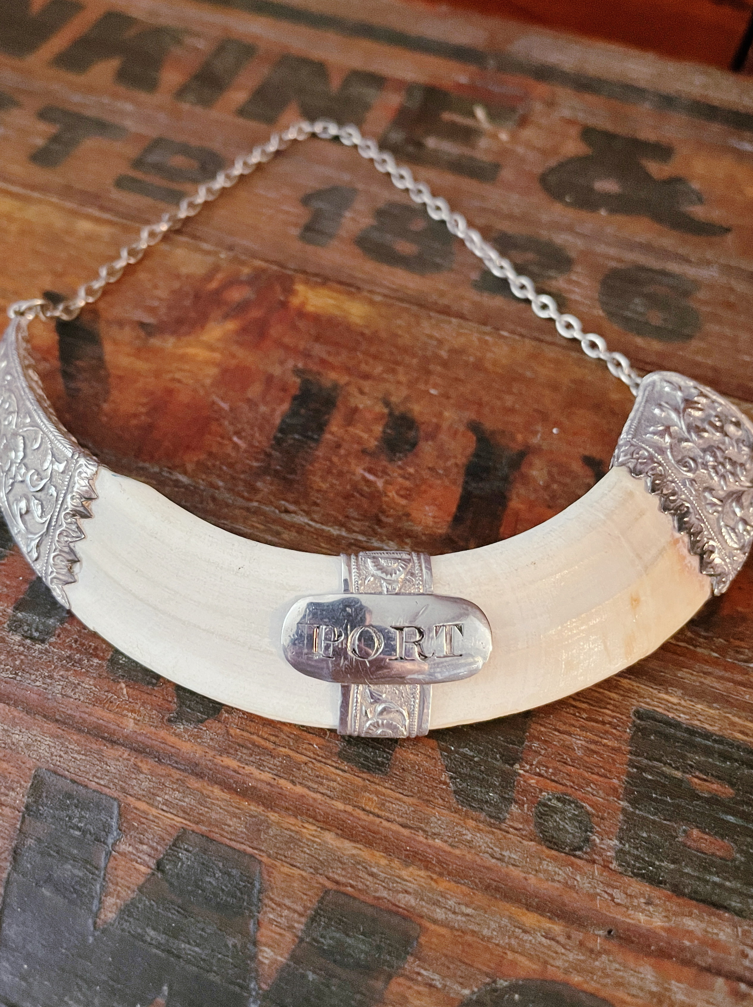 Antique British Colonial Sterling & Boar Tusk Decanter Tag