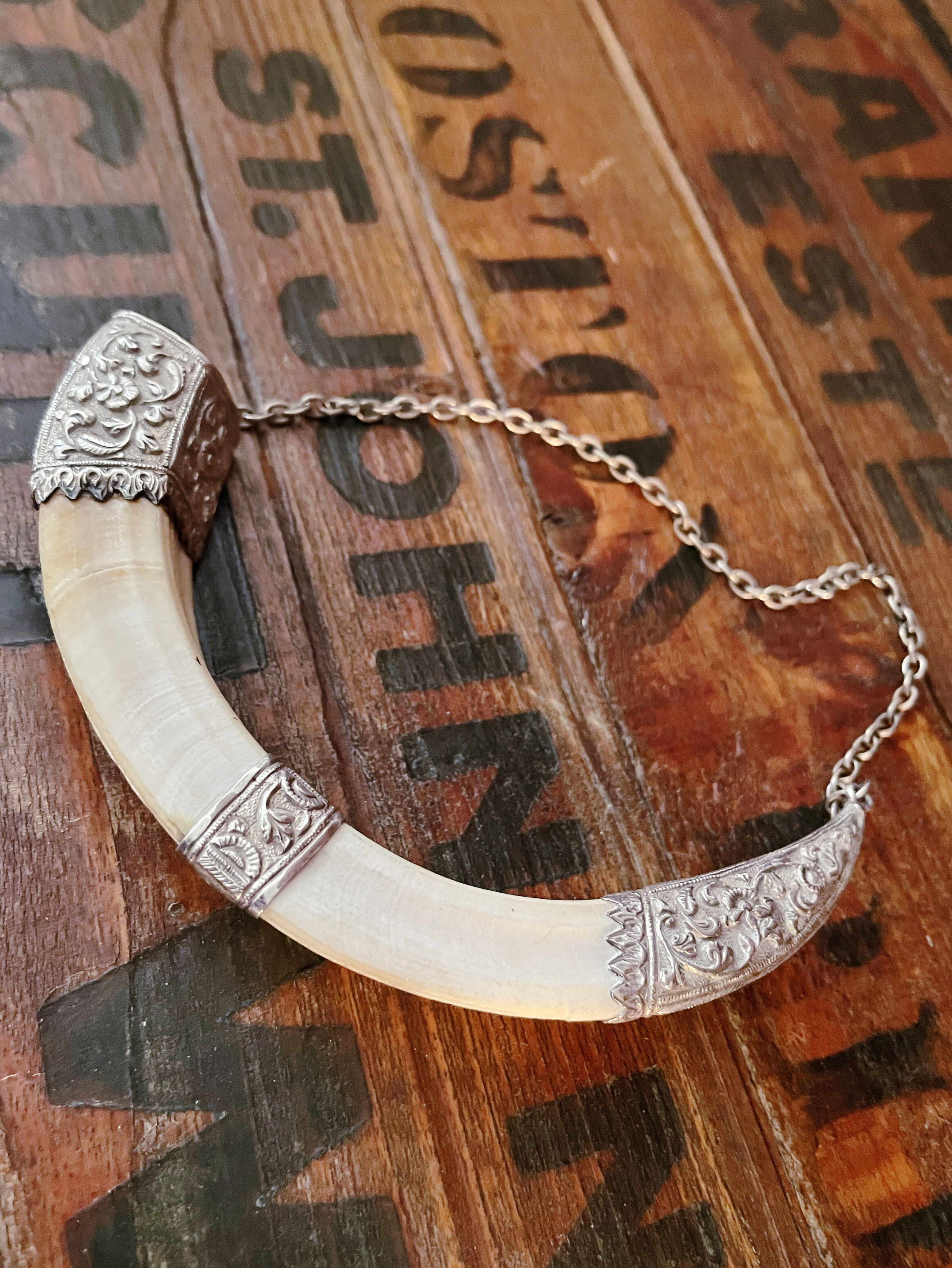 Antique British Colonial Sterling & Boar Tusk Decanter Tag