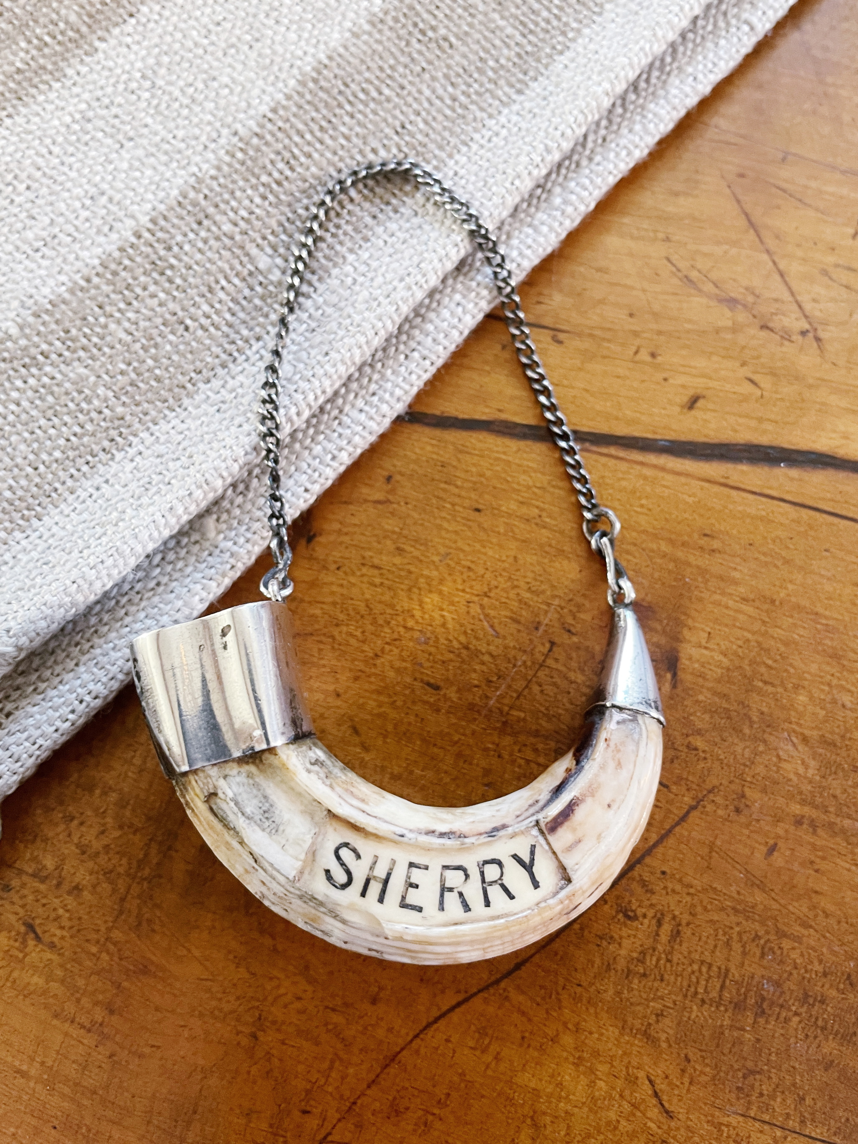 Antique British Colonial Sterling & Boar Tusk Decanter Tag