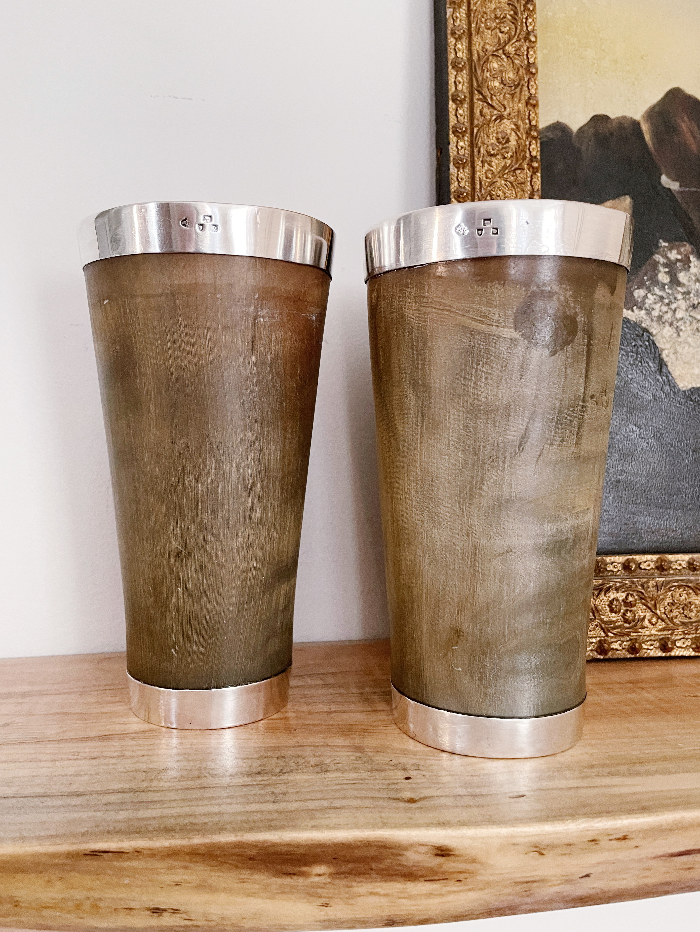 Pair of 1896 English Sterling and Horn Cups