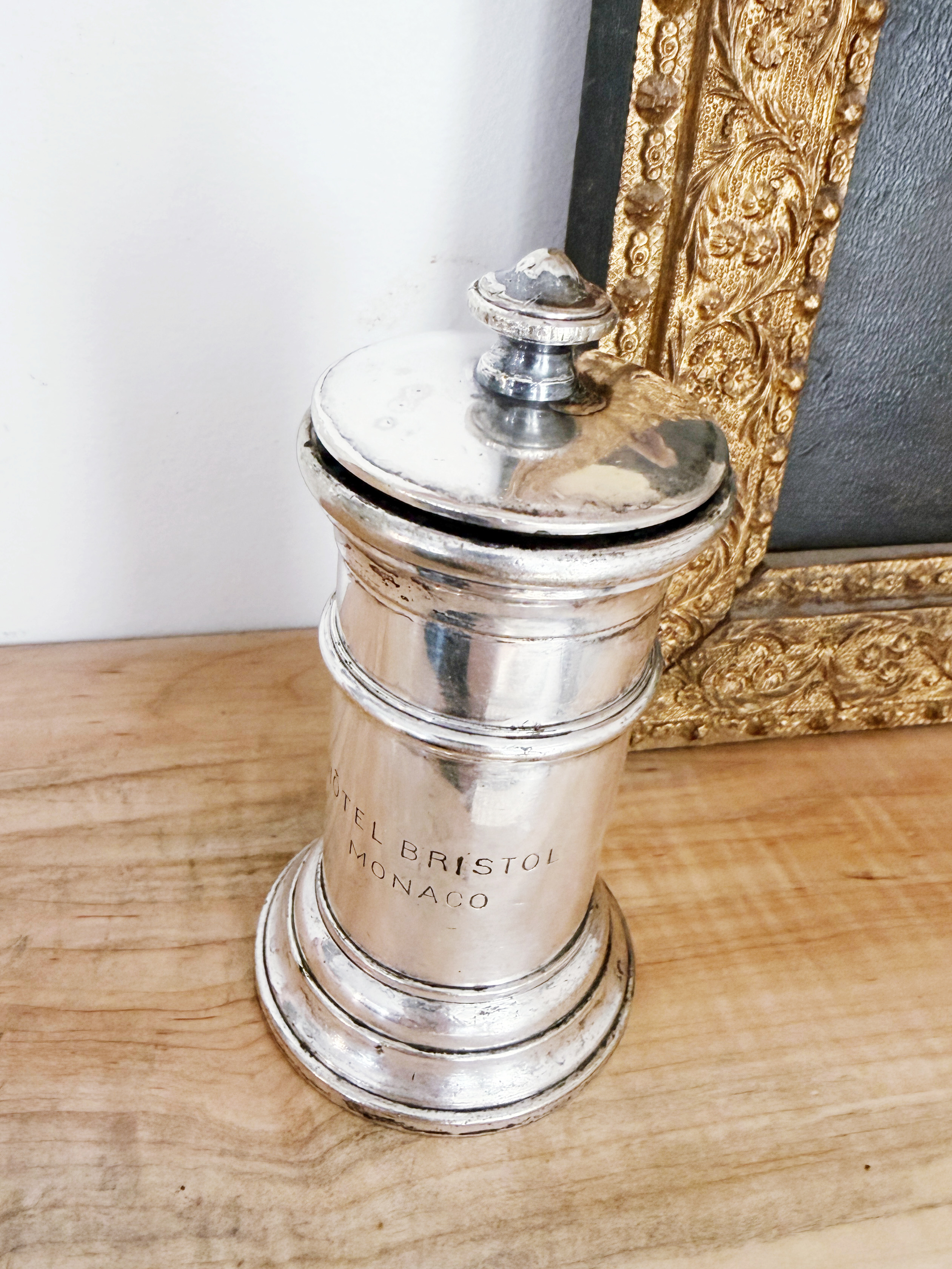 Antique Silver Plated Pepper Mill from Hotel Bristol in Monaco