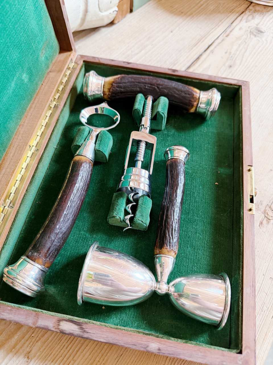 Antique 3-Piece Deer Antler and Sterling Silver Handled Bar Set