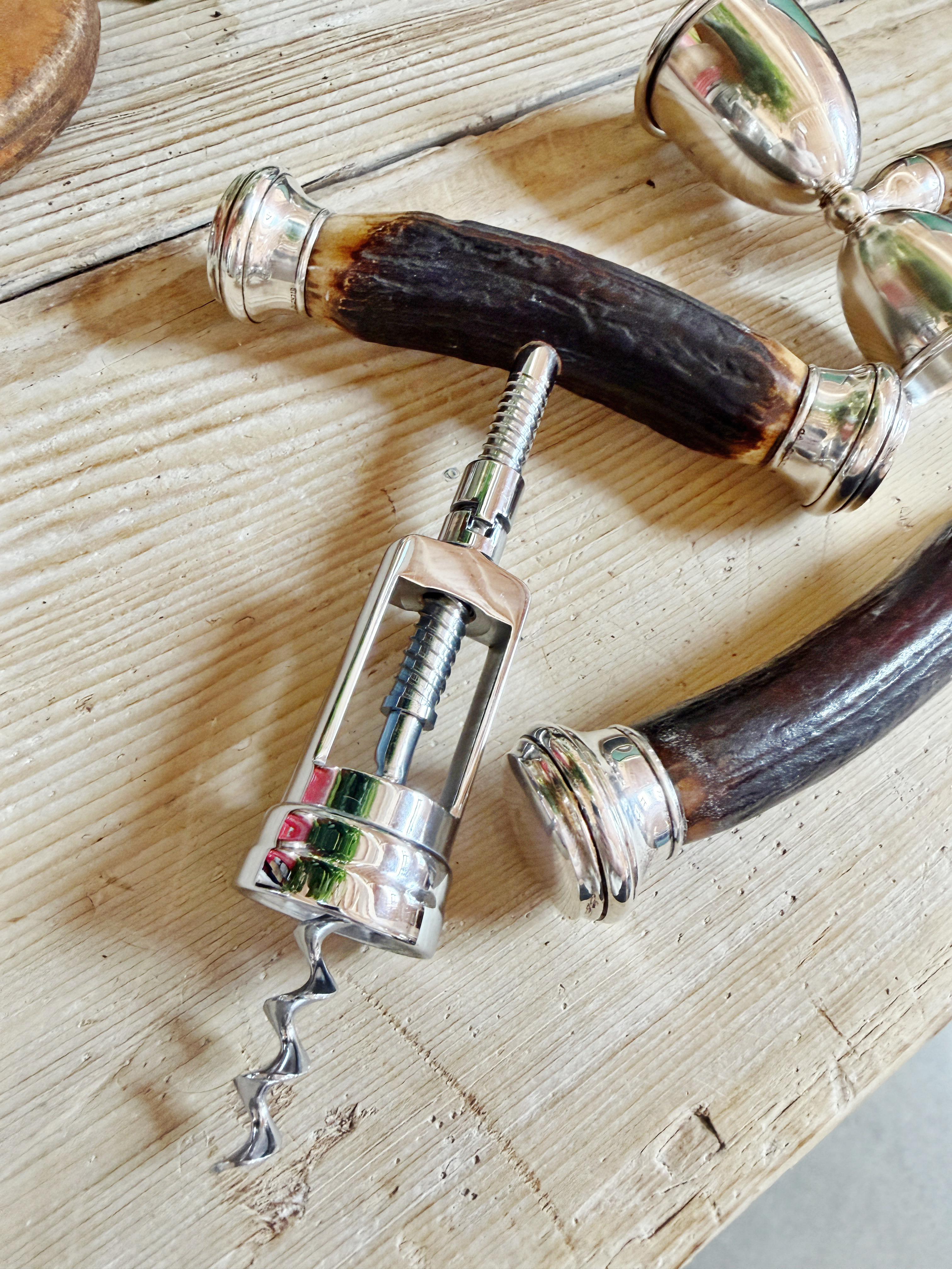 Antique 3-Piece Deer Antler and Sterling Silver Handled Bar Set