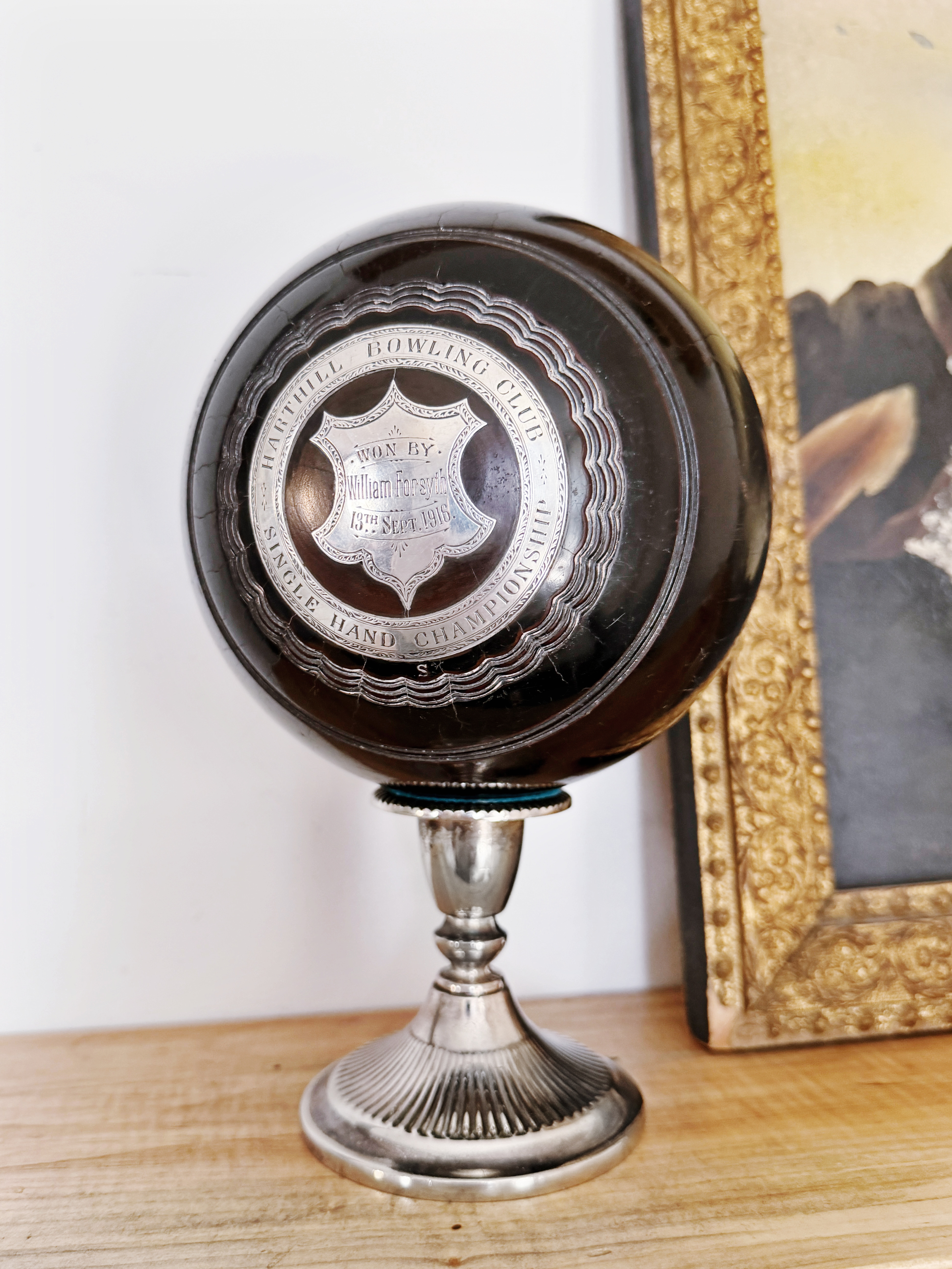 1916 English Sterling & Wood Trophy Lawn Bowling Ball on Stand