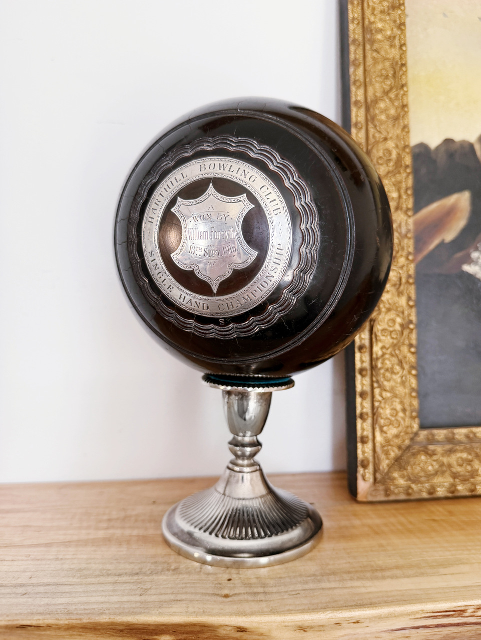 1916 English Sterling & Wood Trophy Lawn Bowling Ball on Stand