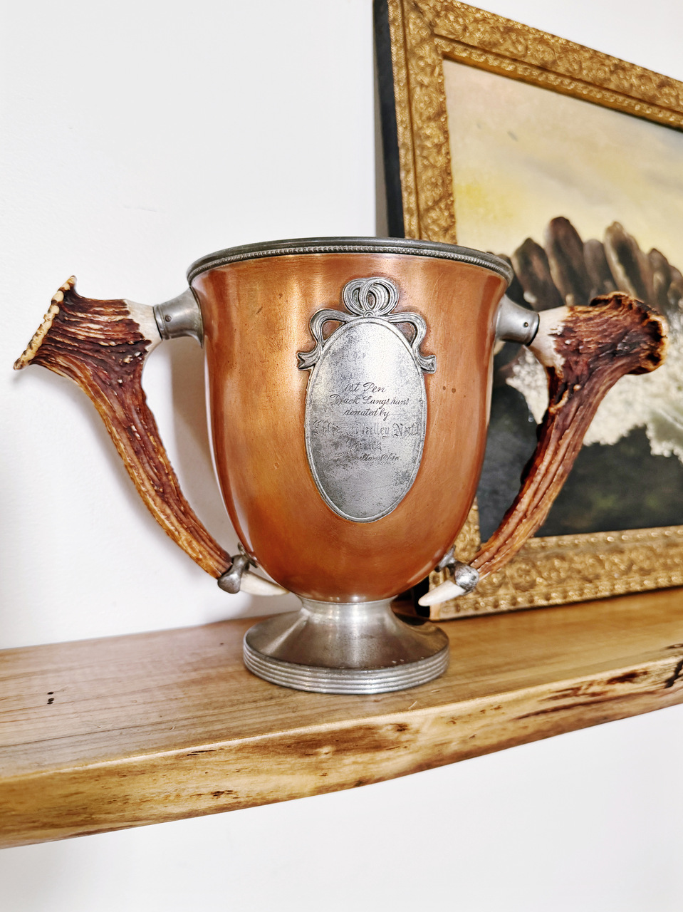 Antique Copper Poultry Trophy with Deer Antler Handles