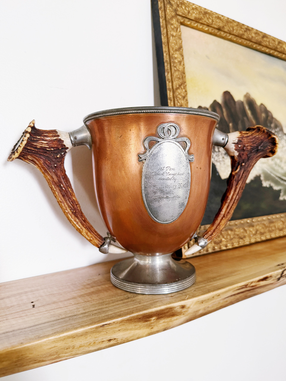 Antique Copper Poultry Trophy with Deer Antler Handles