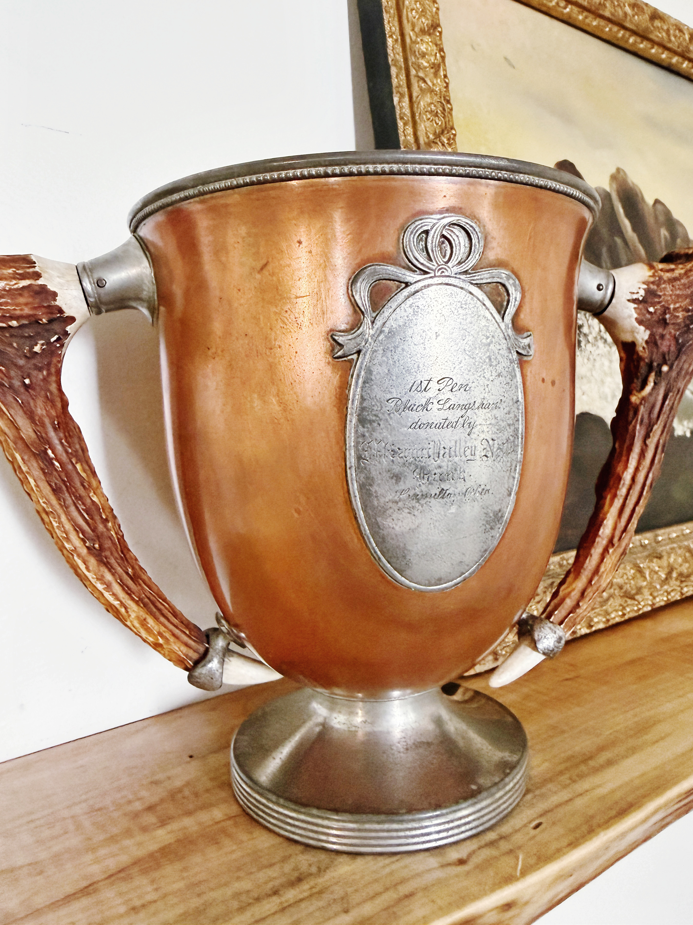 Antique Copper Poultry Trophy with Deer Antler Handles