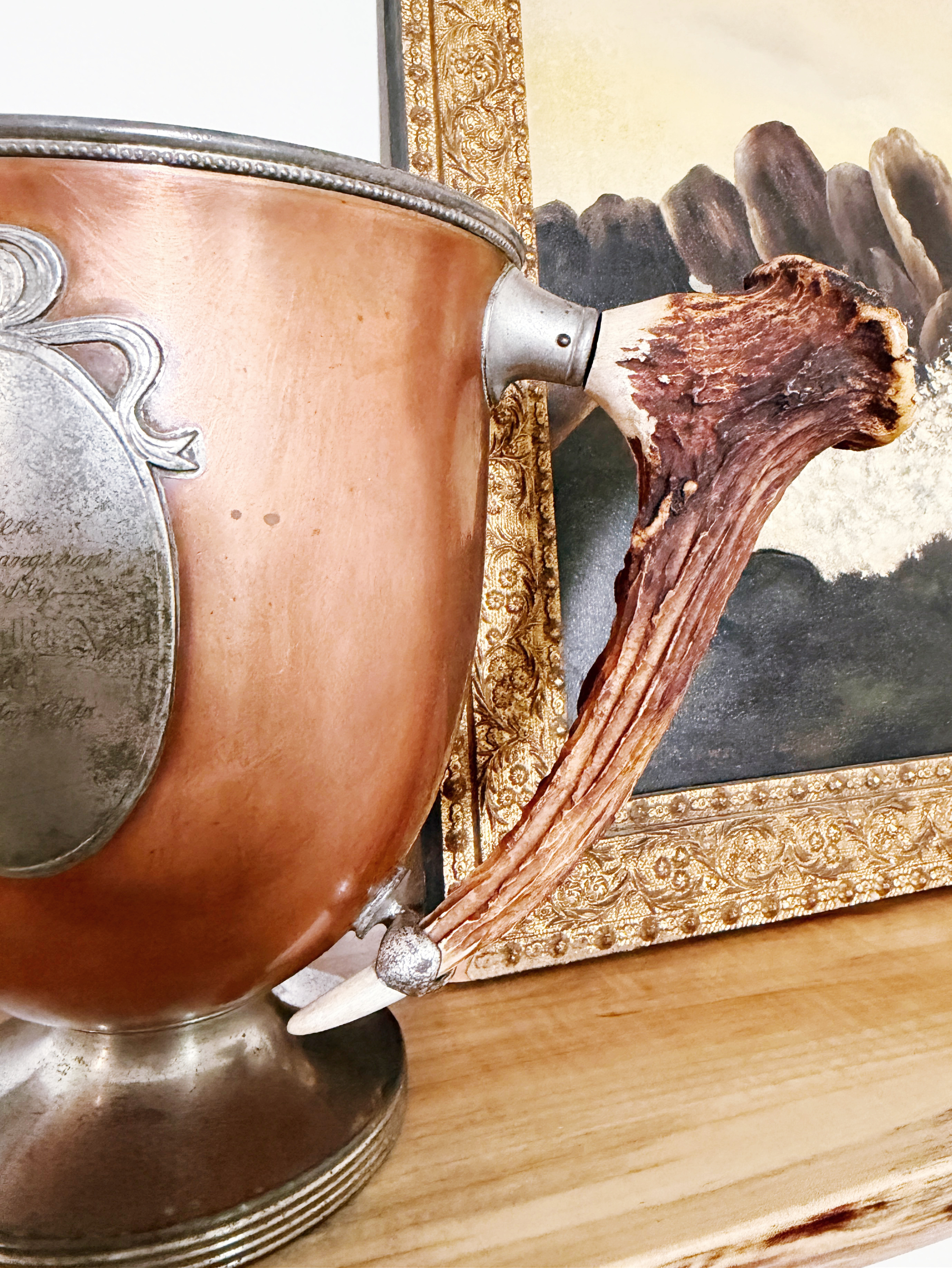 Antique Copper Poultry Trophy with Deer Antler Handles