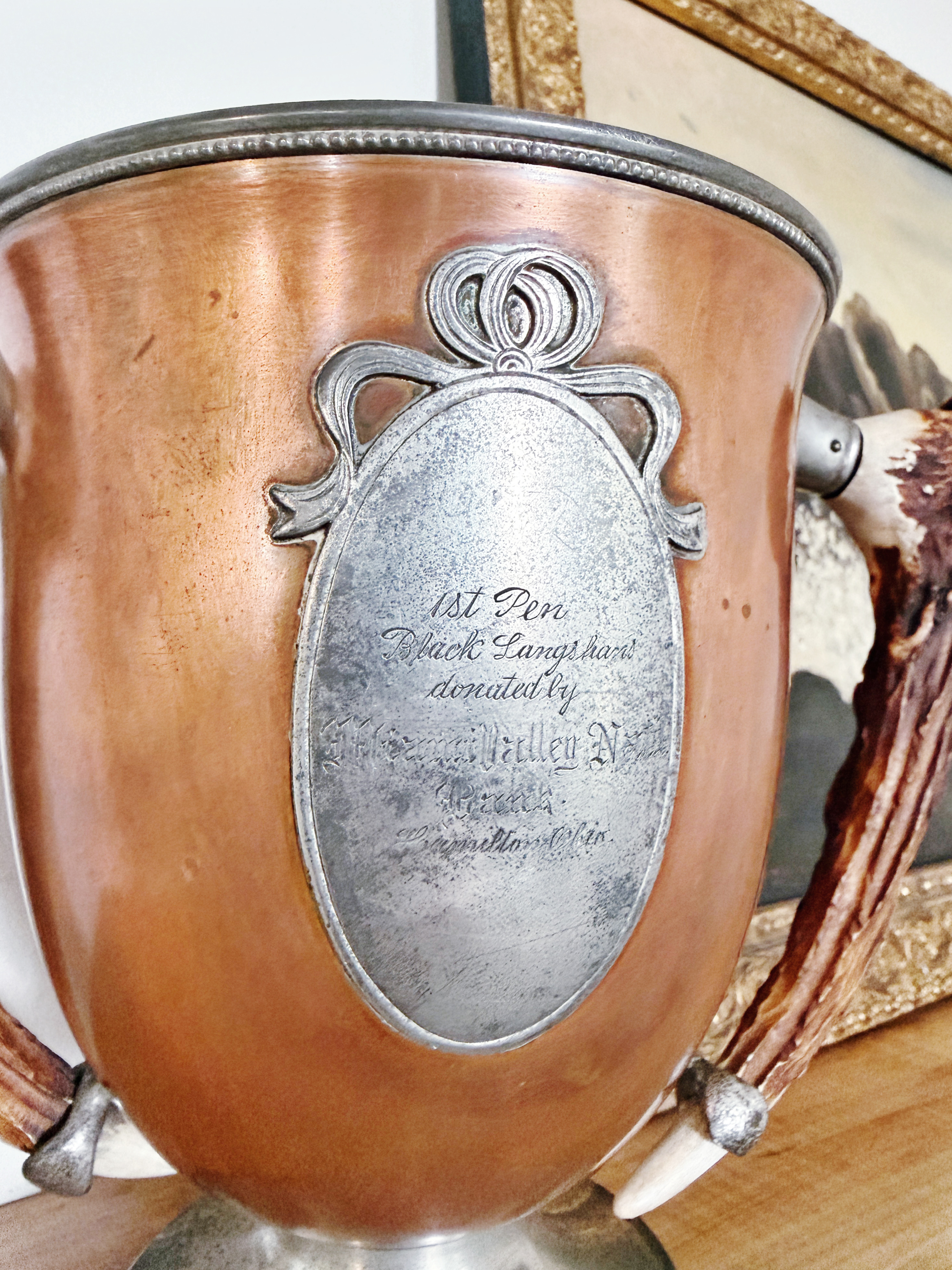 Antique Copper Poultry Trophy with Deer Antler Handles