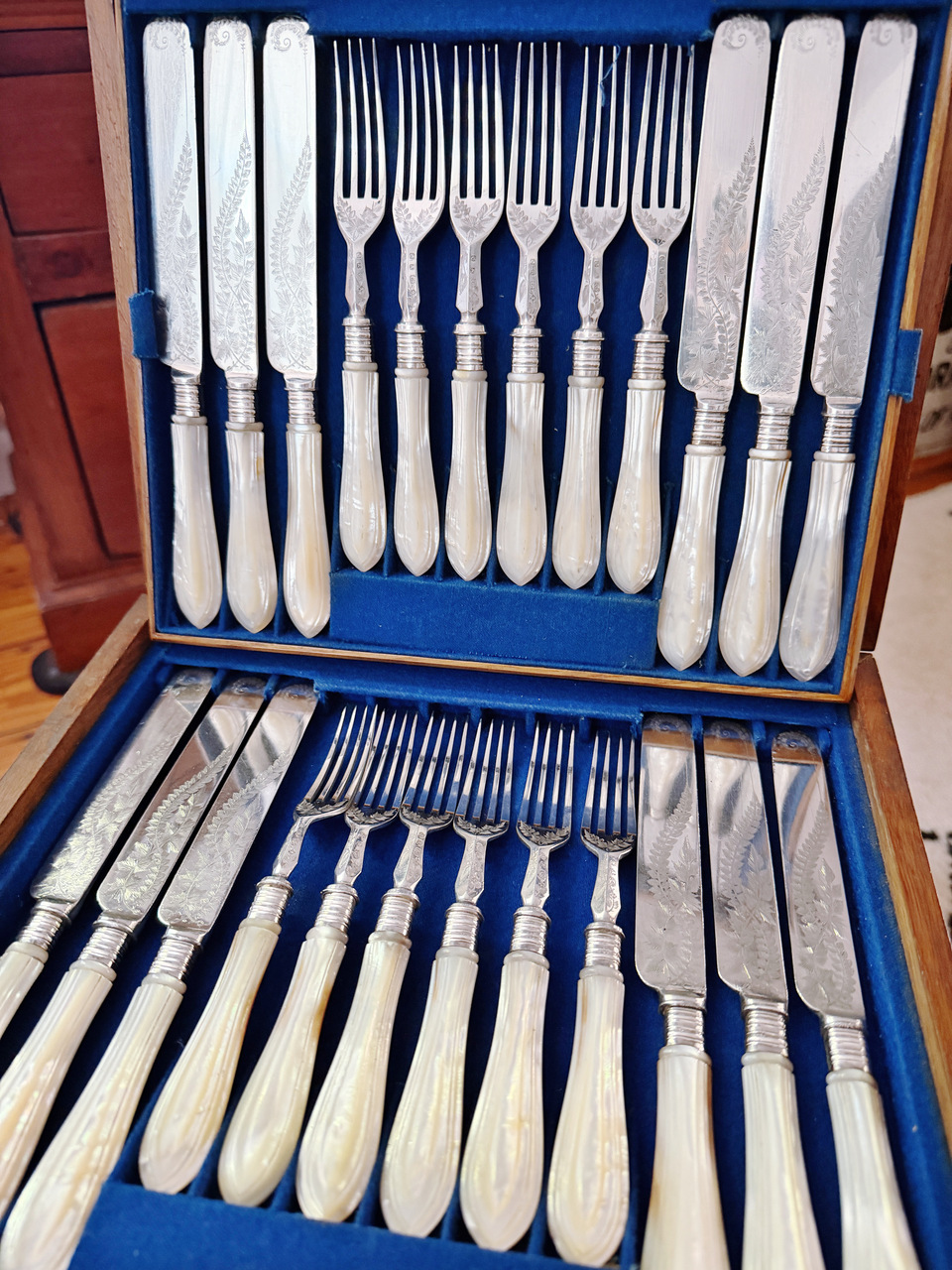 Antique Mother of Pearl and Silver Plated Flatware Service for 12