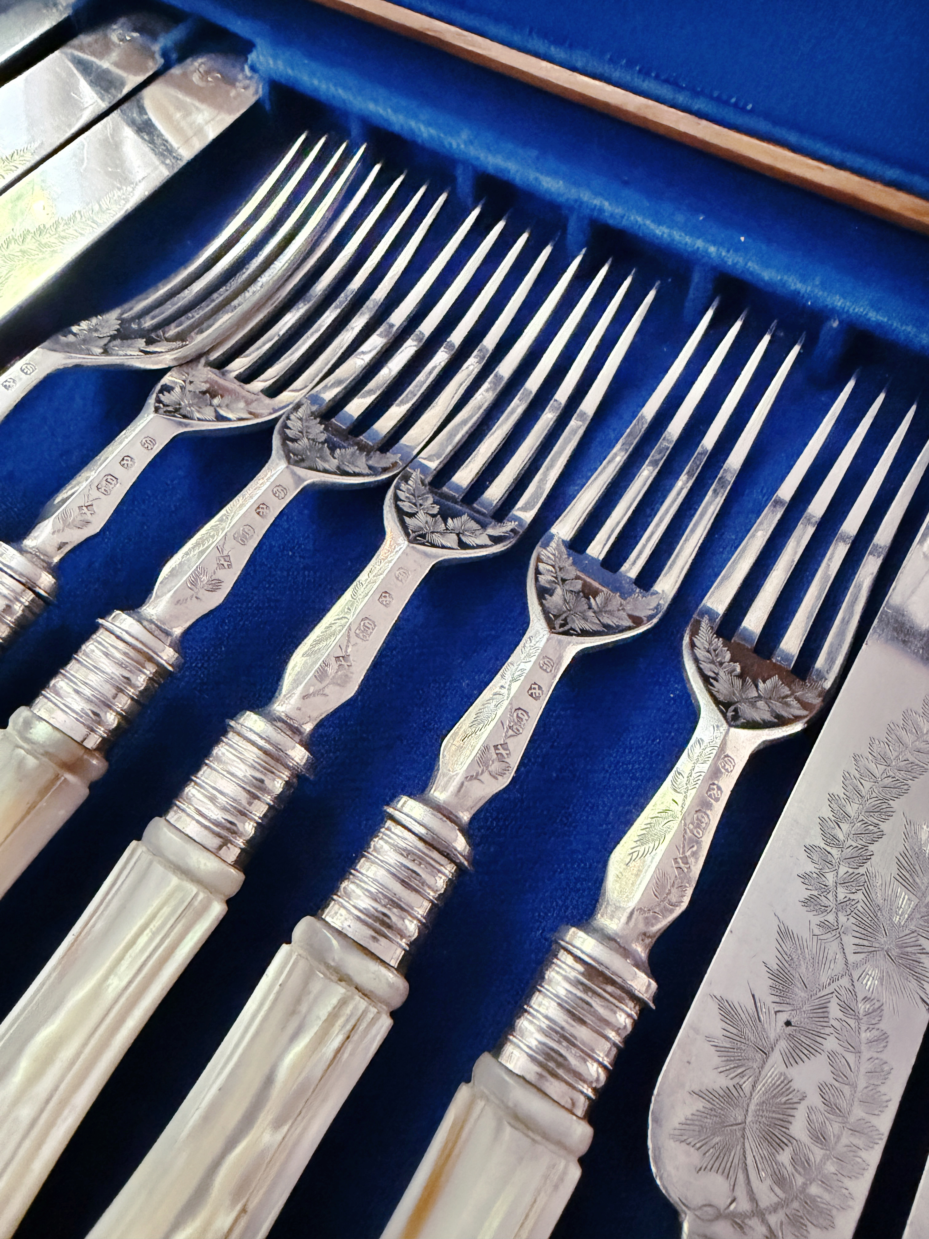 Antique Mother of Pearl and Silver Plated Flatware Service for 12