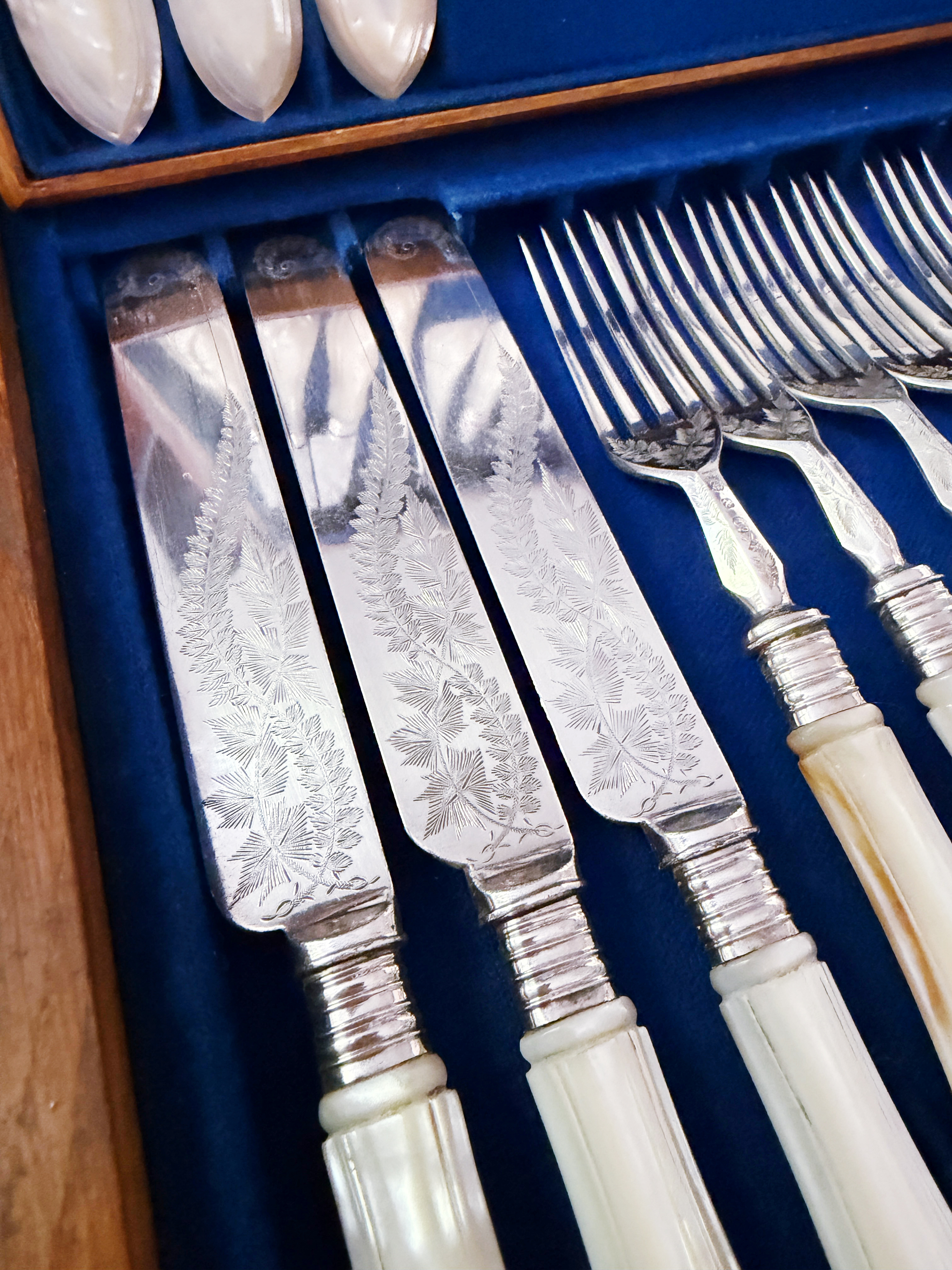 Antique Mother of Pearl and Silver Plated Flatware Service for 12