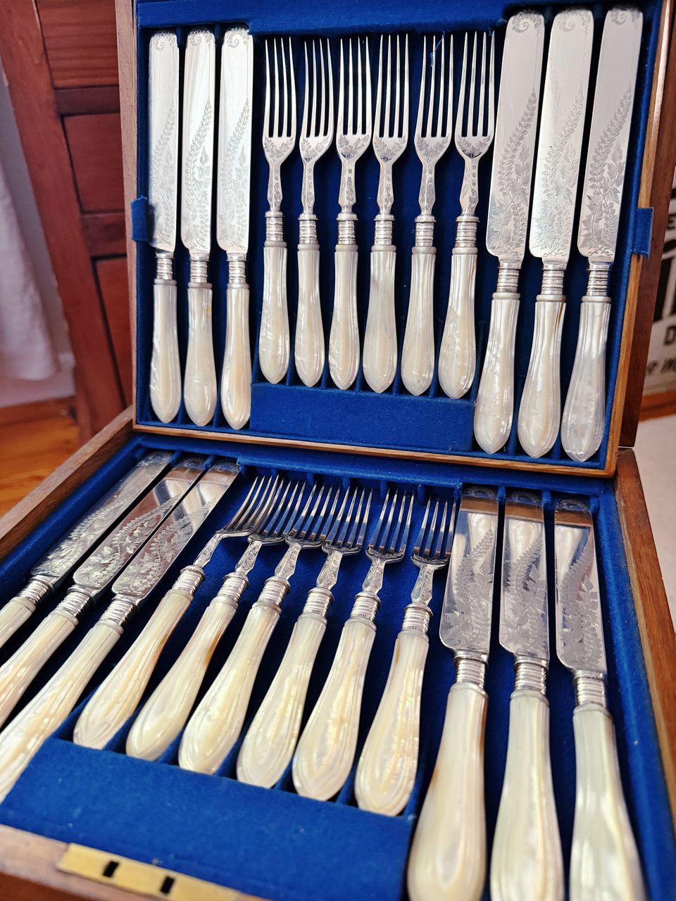 Antique Mother of Pearl and Silver Plated Flatware Service for 12