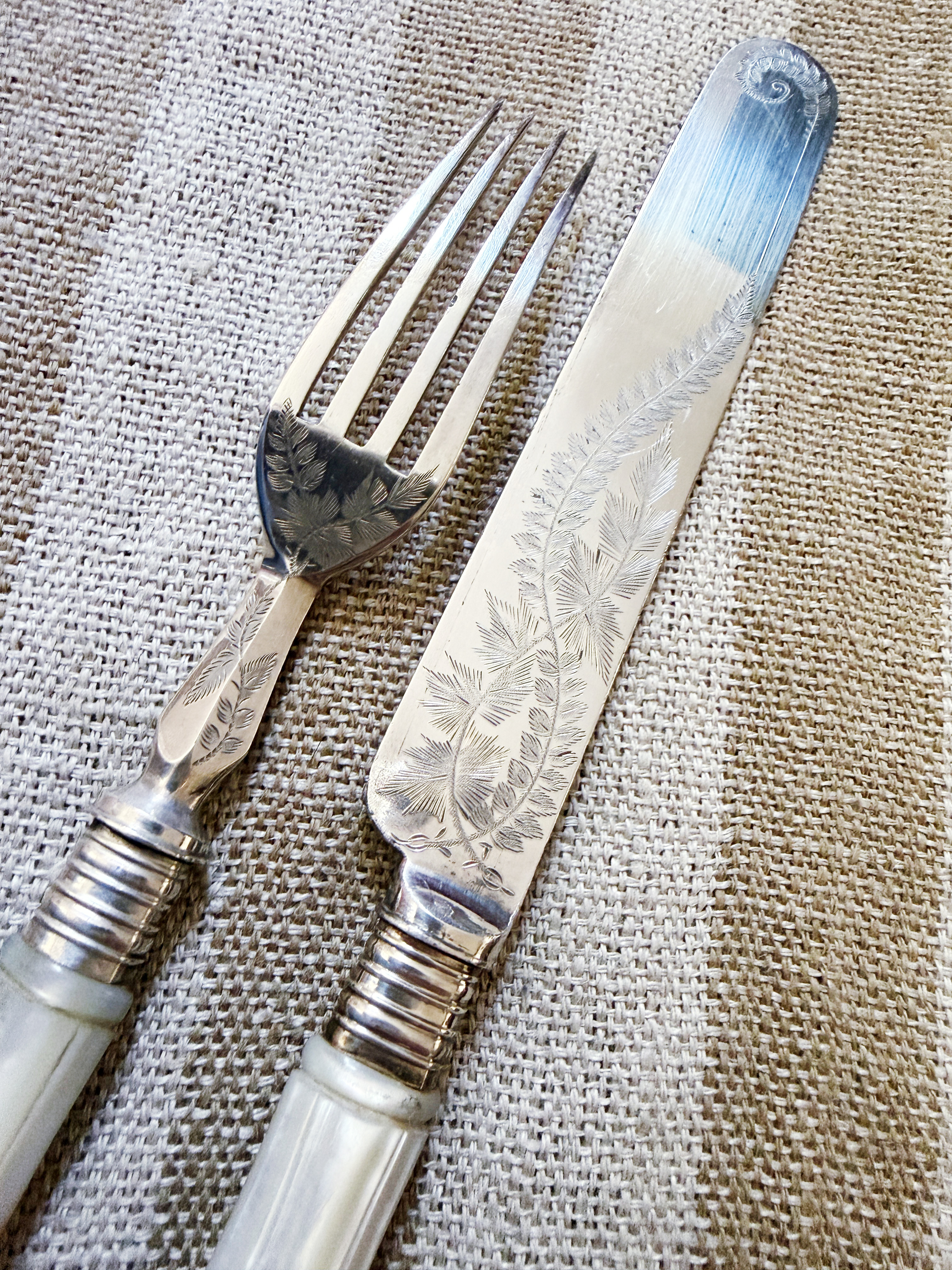 Antique Mother of Pearl and Silver Plated Flatware Service for 12
