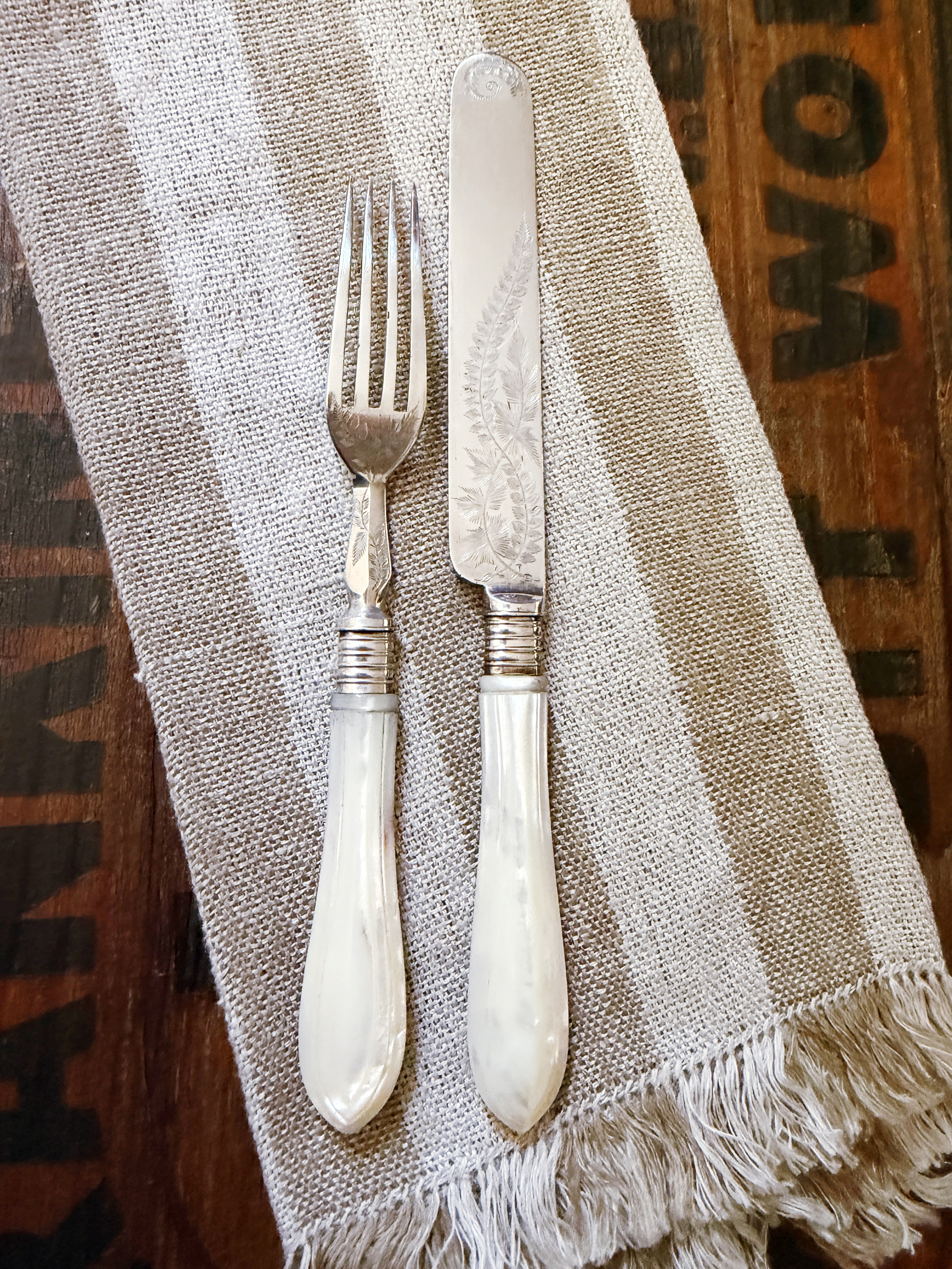 Antique Mother of Pearl and Silver Plated Flatware Service for 12