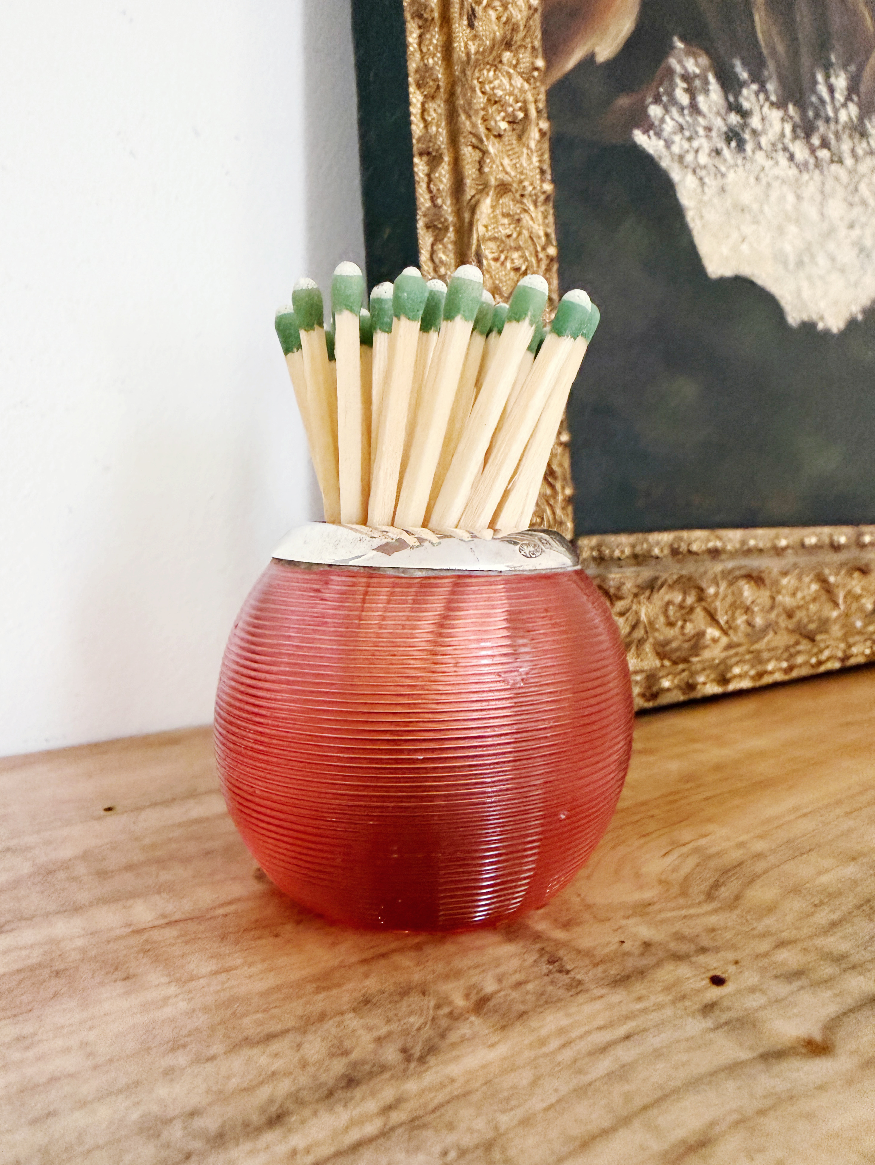 Antique English Sterling Silver and Pink Glass Match Striker