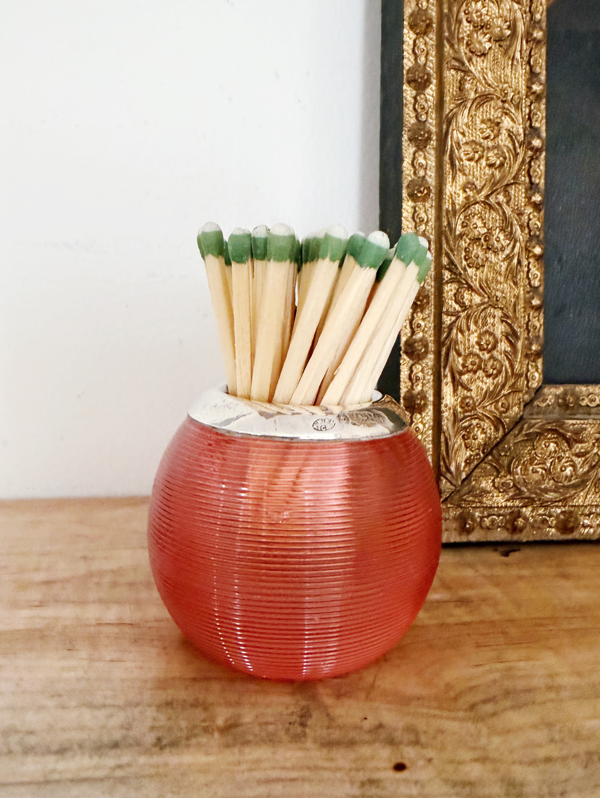Antique English Sterling Silver and Pink Glass Match Striker