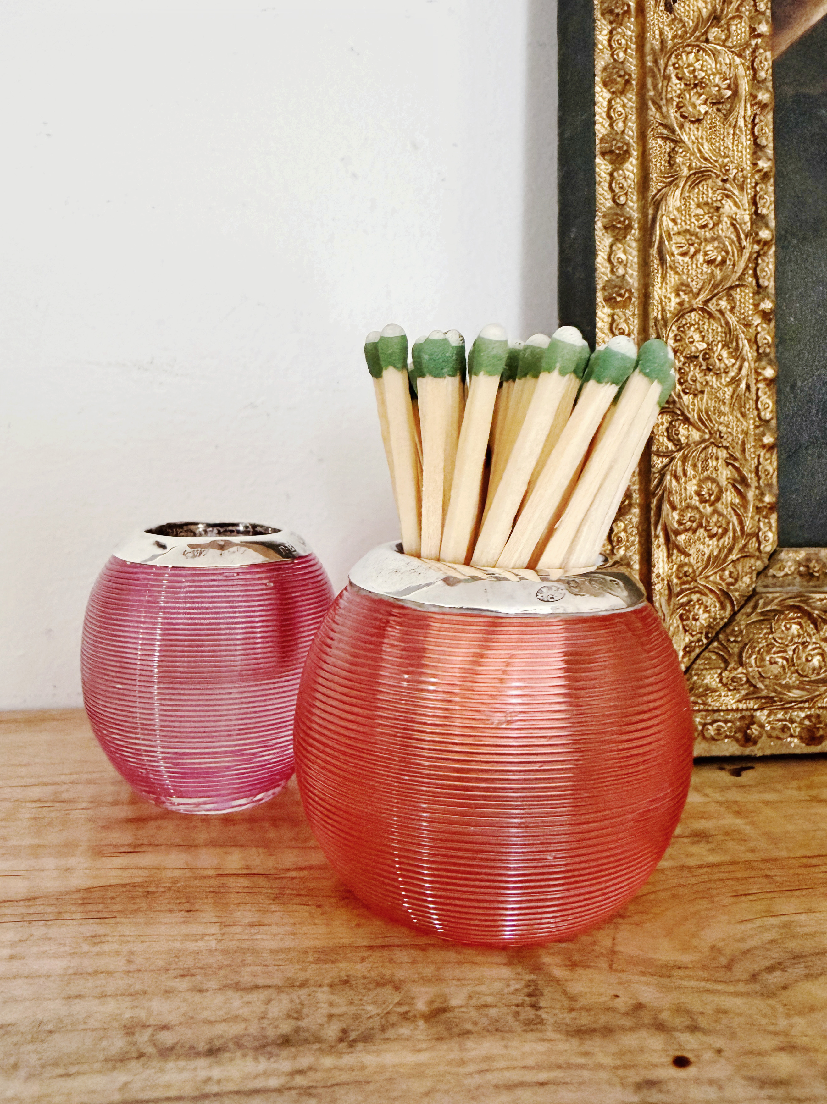 Antique English Sterling Silver and Pink Glass Match Striker