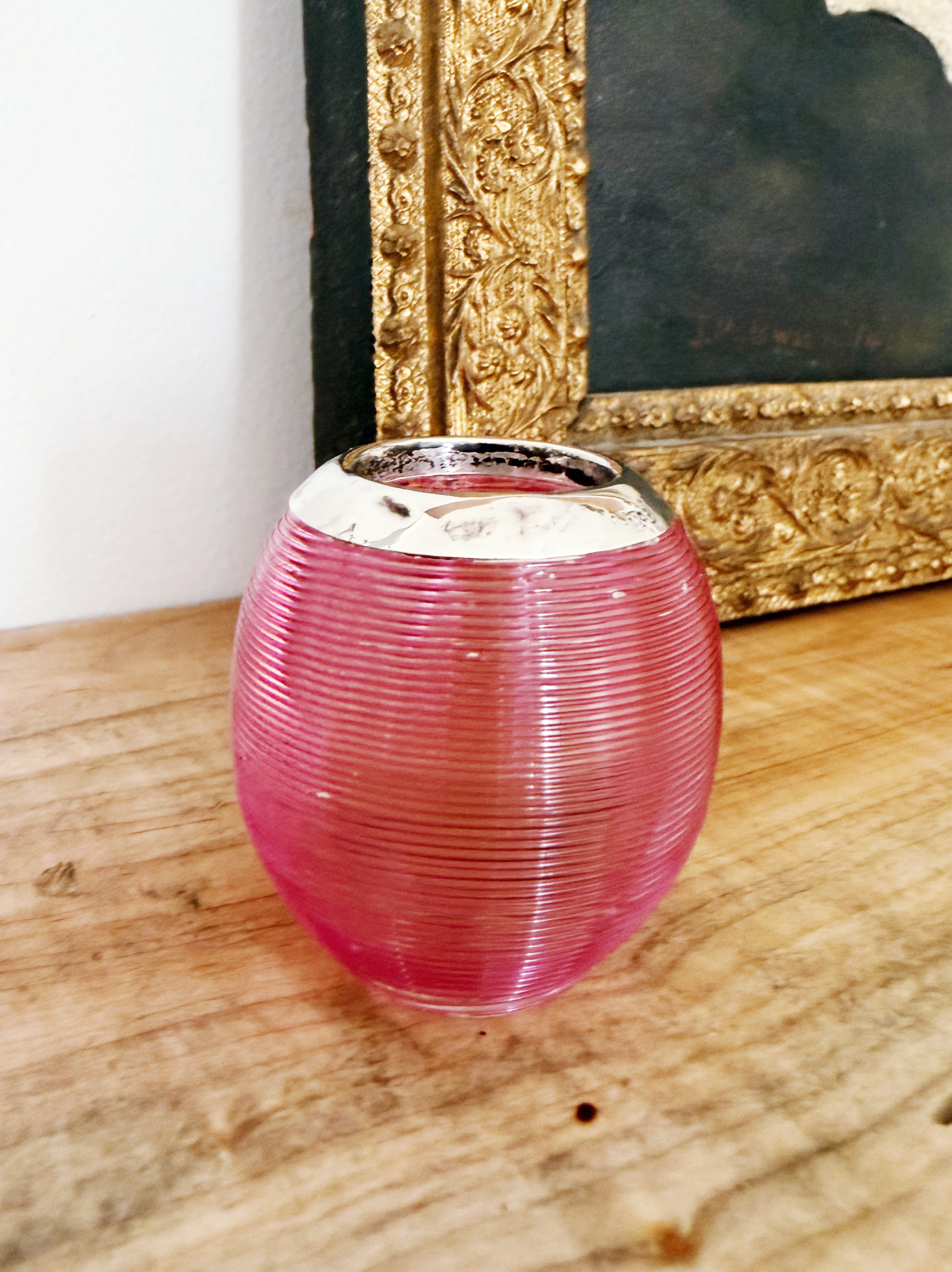 Antique English Sterling Silver and Pink Glass Match Striker