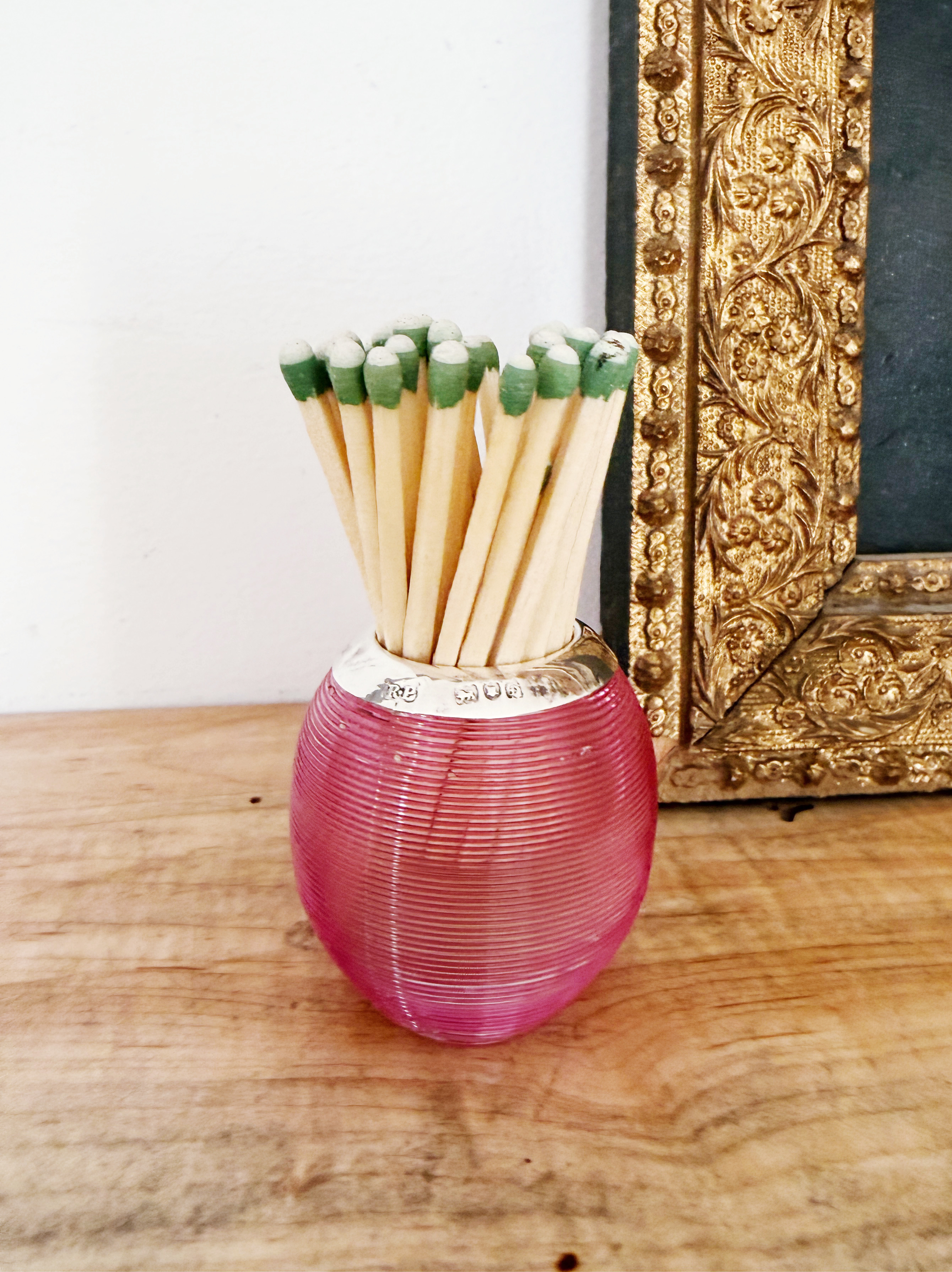 Antique English Sterling Silver and Pink Glass Match Striker