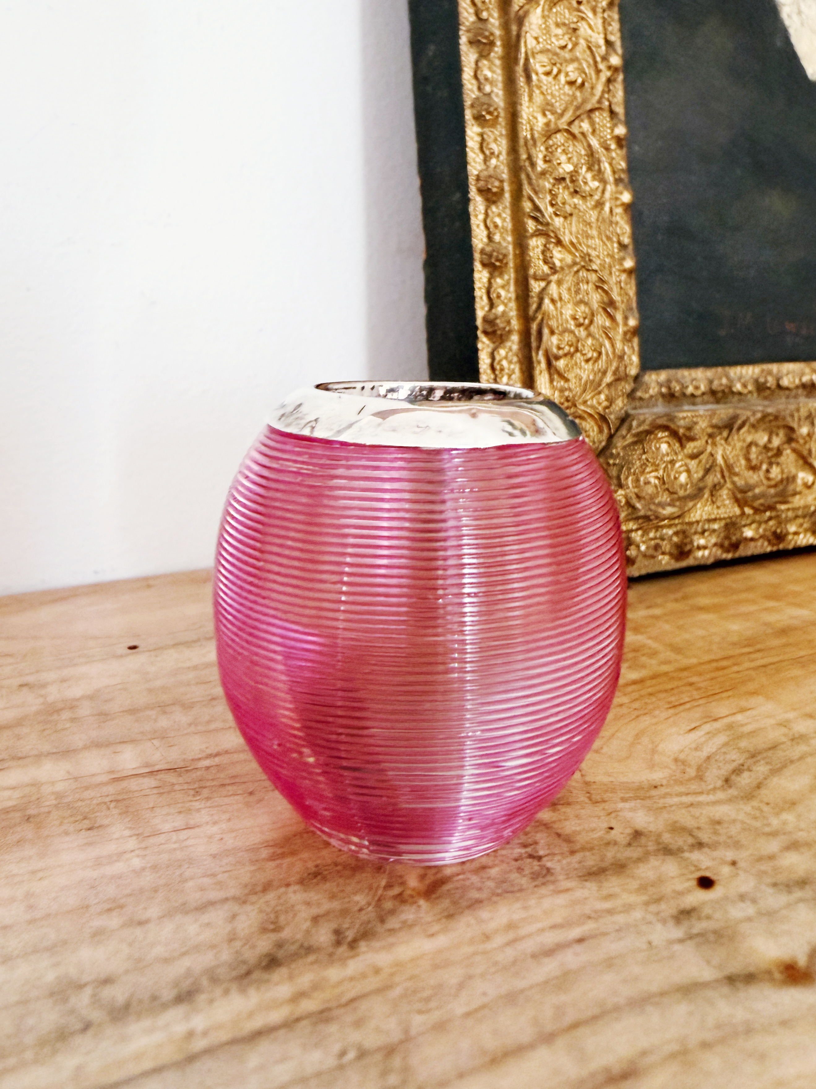 Antique English Sterling Silver and Pink Glass Match Striker