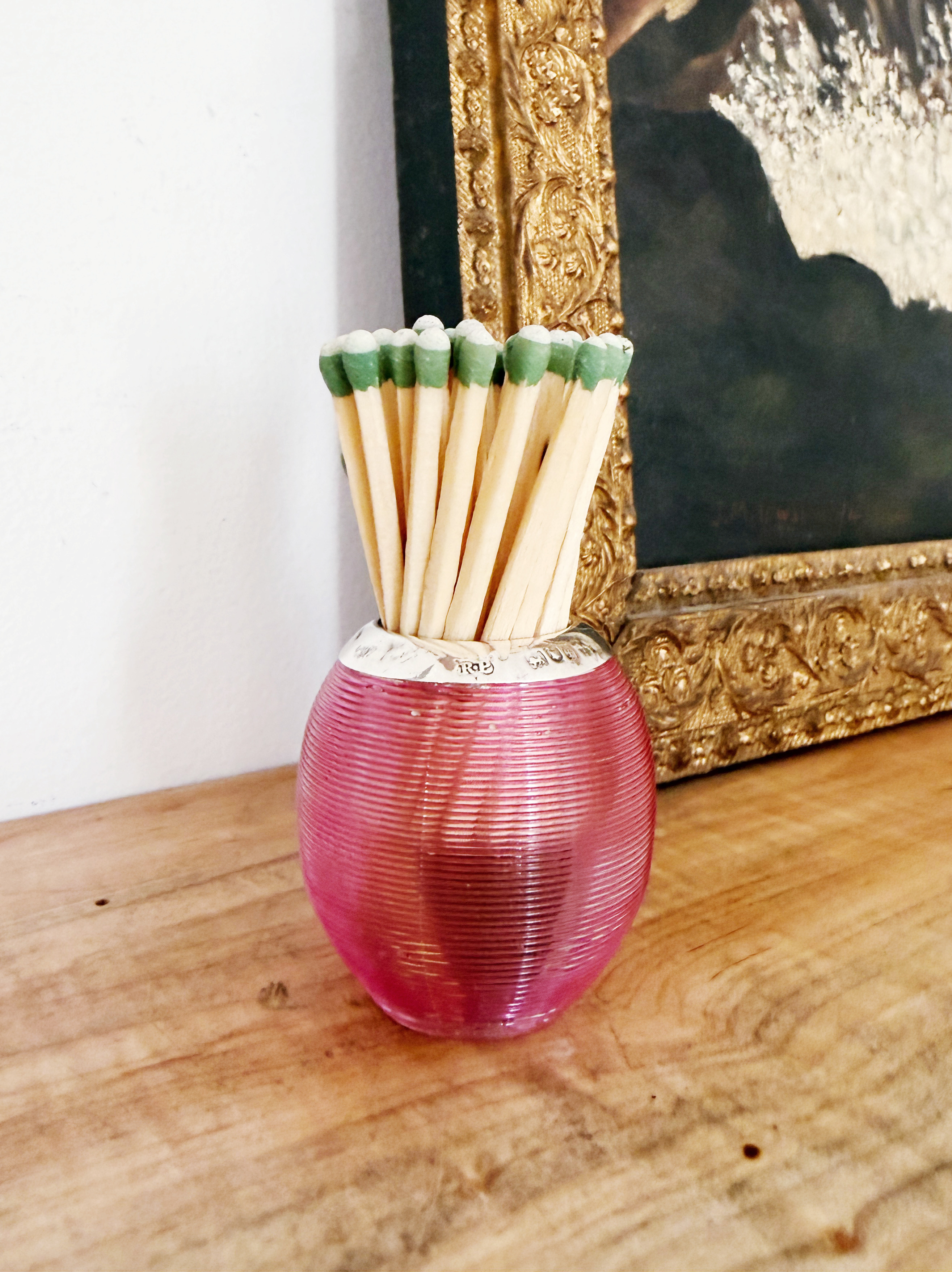 Antique English Sterling Silver and Pink Glass Match Striker