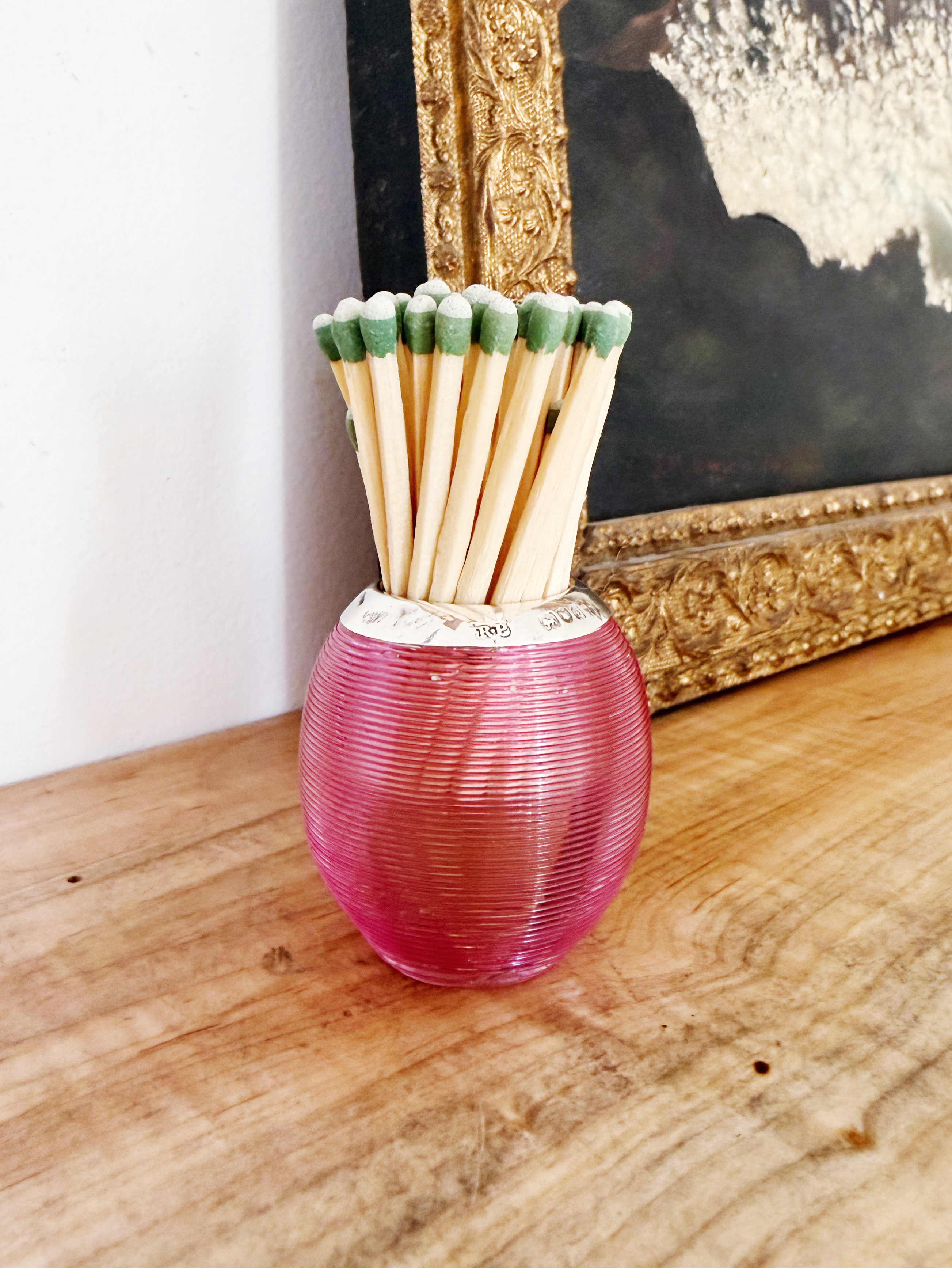 Antique English Sterling Silver and Pink Glass Match Striker