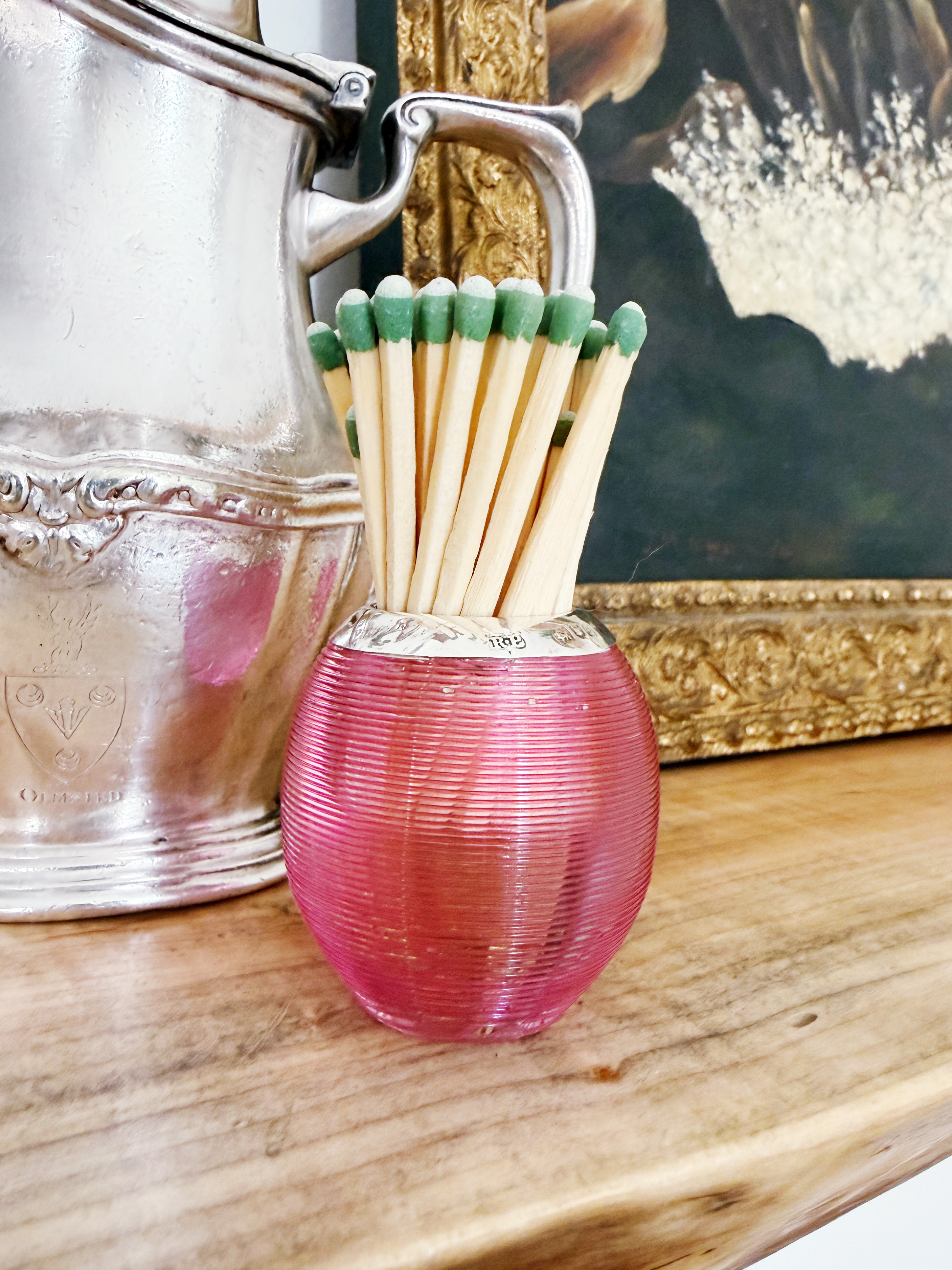 Antique English Sterling Silver and Pink Glass Match Striker