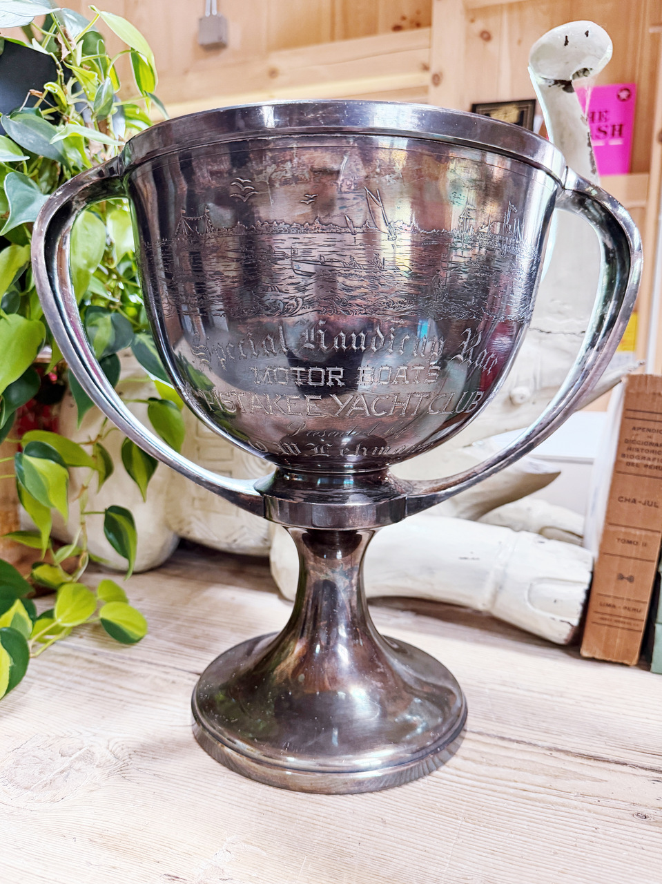 Big Antique Silver Plated Pistakee Yacht Club Trophy