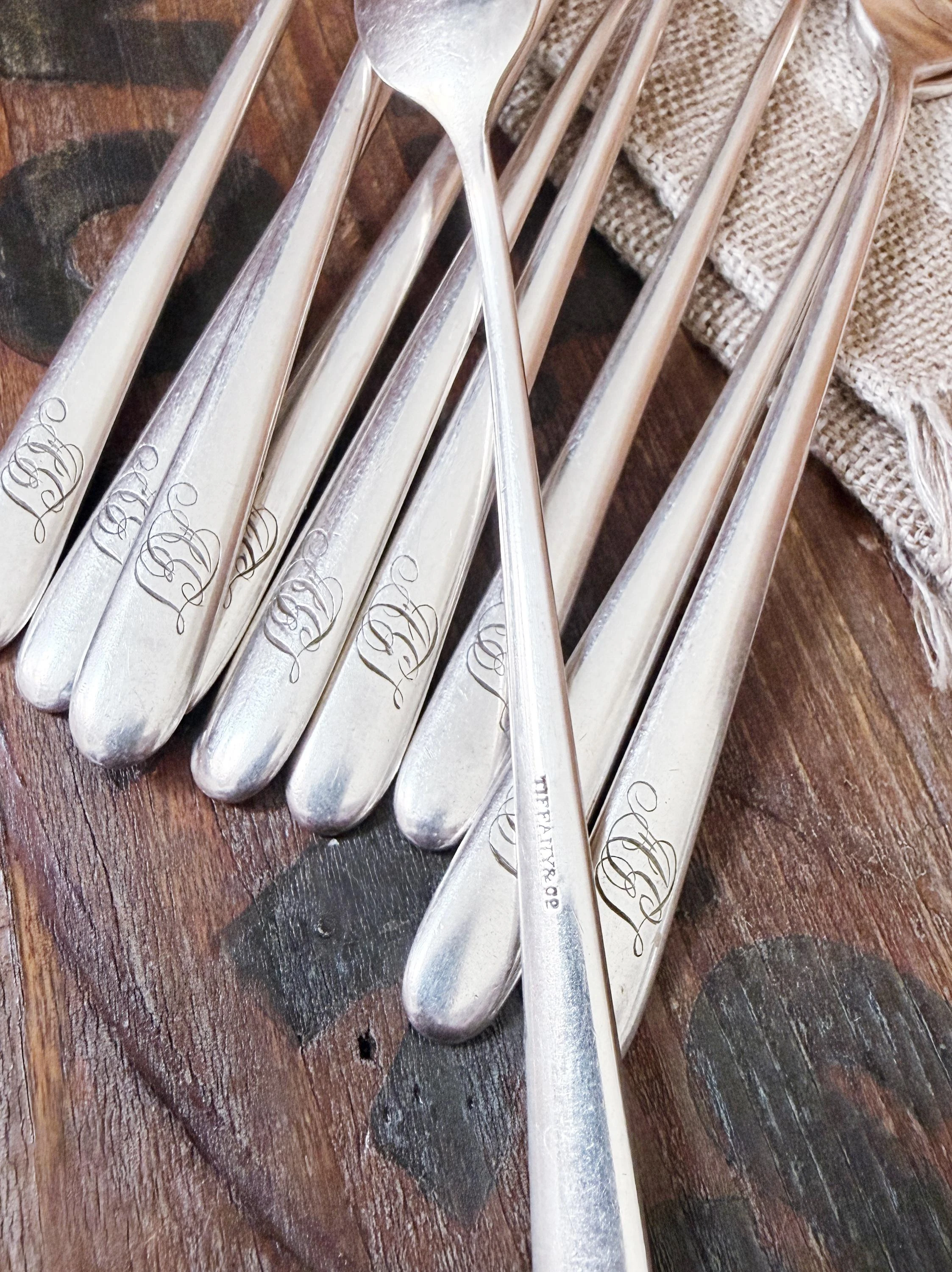 Set of 10 Antique Silver Plated Tiffany & Co Appetizer Forks