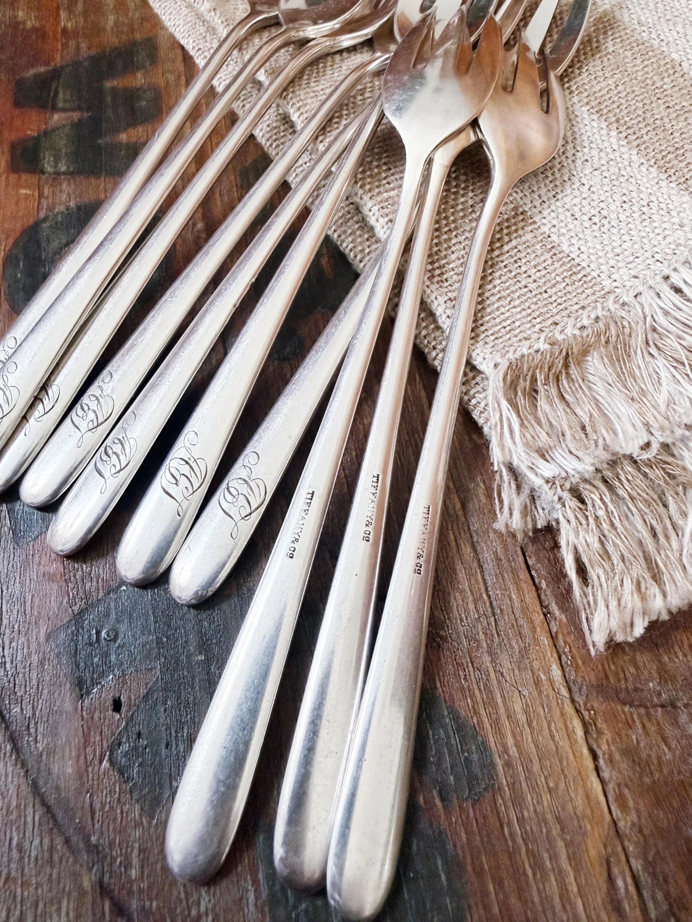Set of 10 Antique Silver Plated Tiffany & Co Appetizer Forks