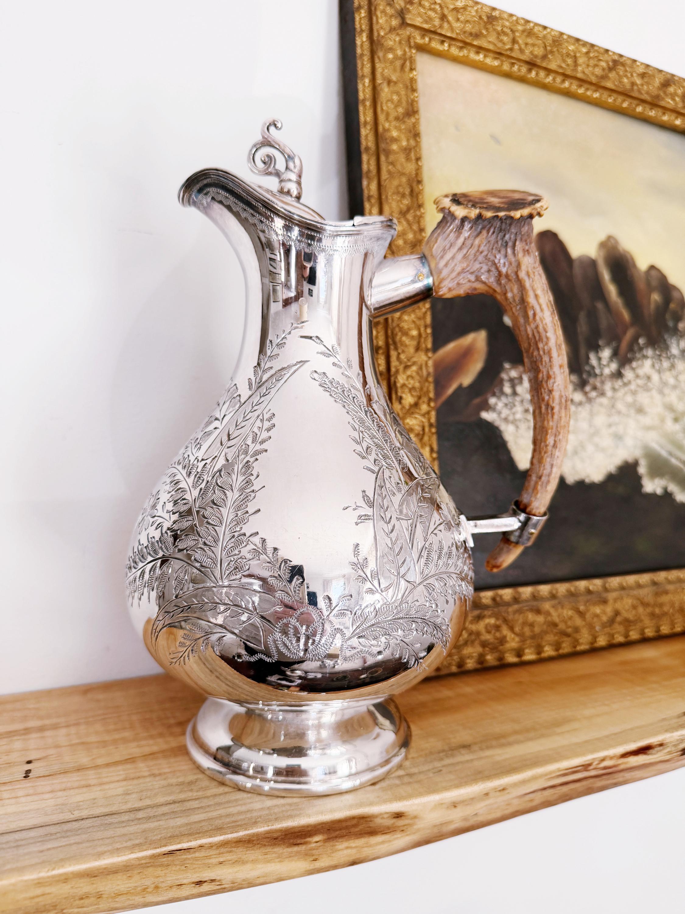 Victorian Era English Silver Plate and Antler Ewer