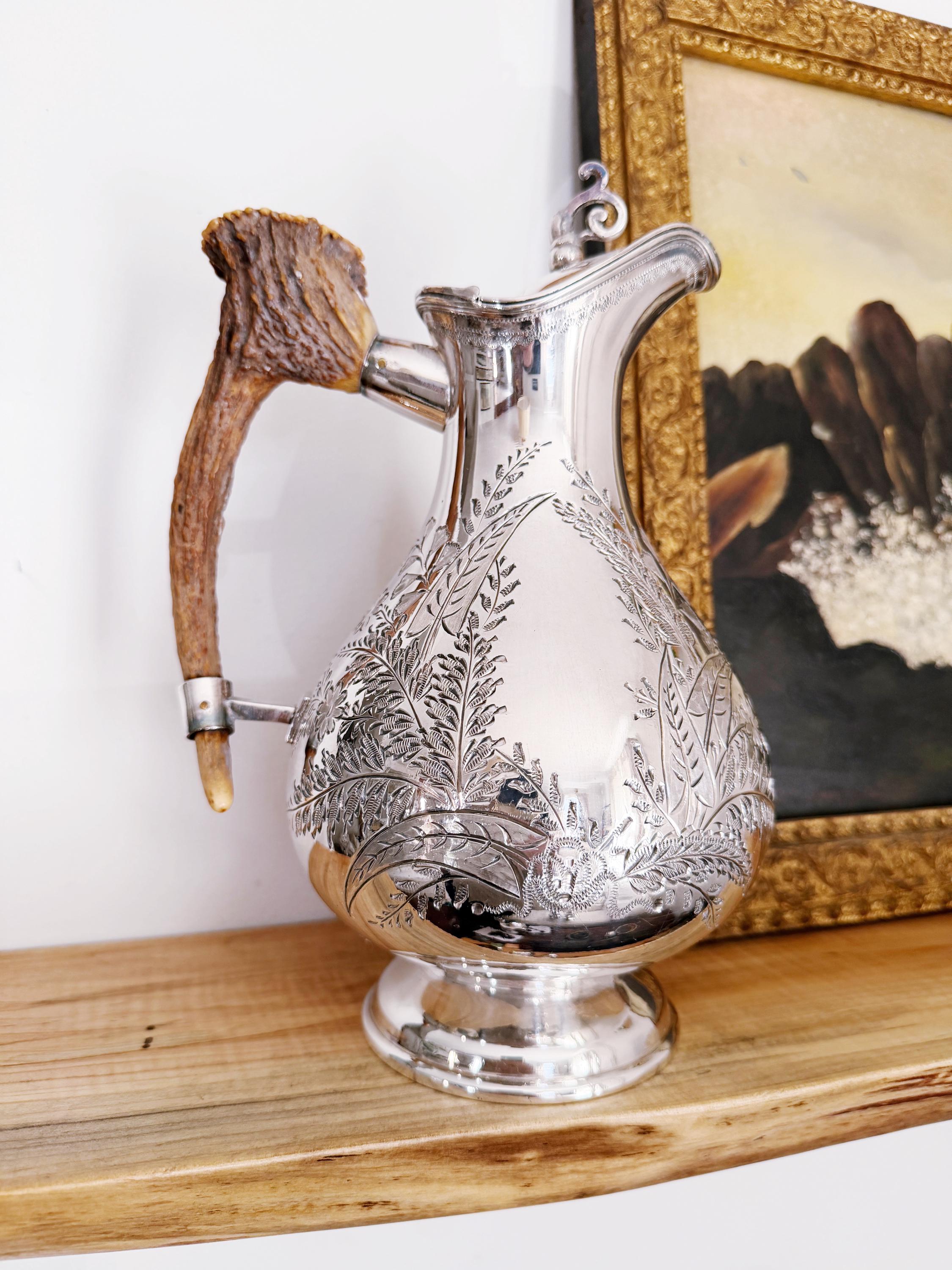 Victorian Era English Silver Plate and Antler Ewer