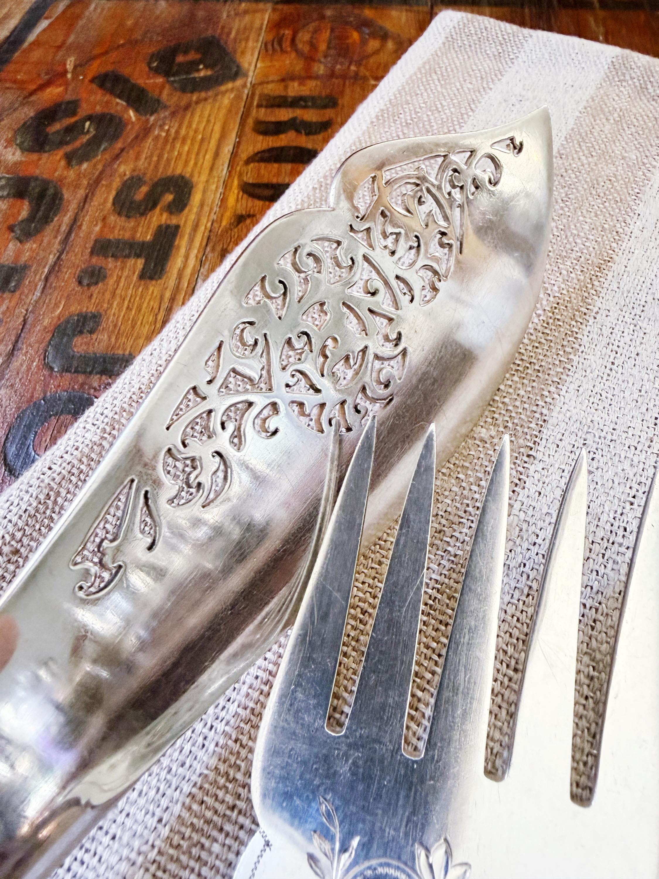 Antique English Silver and Deer Antler Fish Set